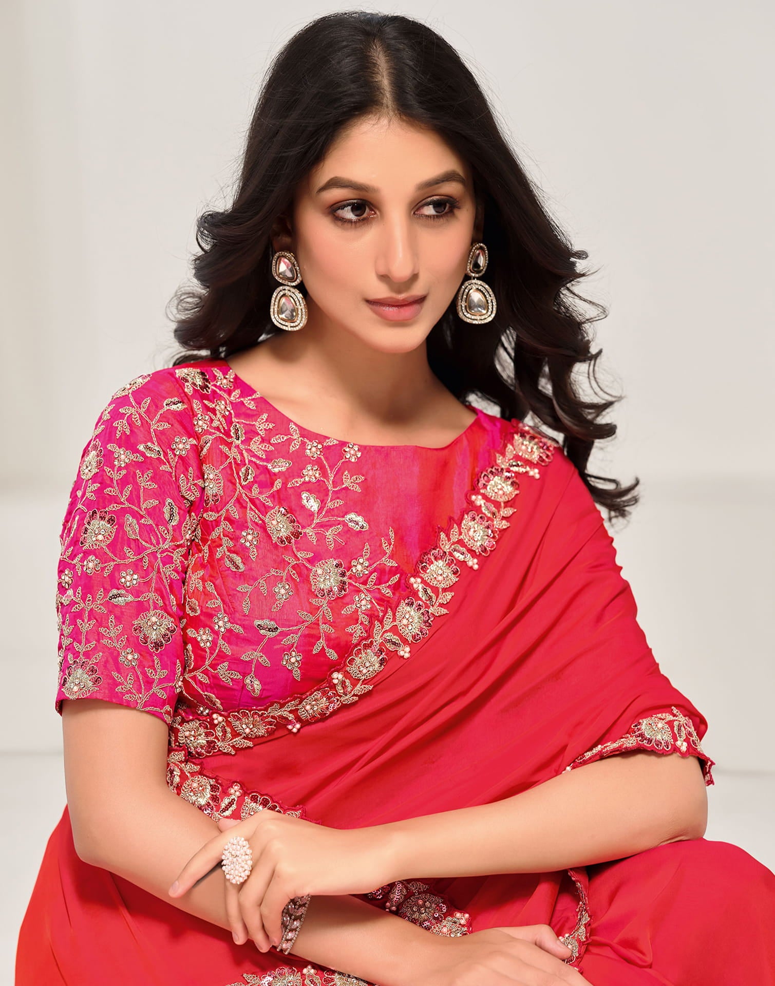Bright Pink Silk Sequence Embellished Saree