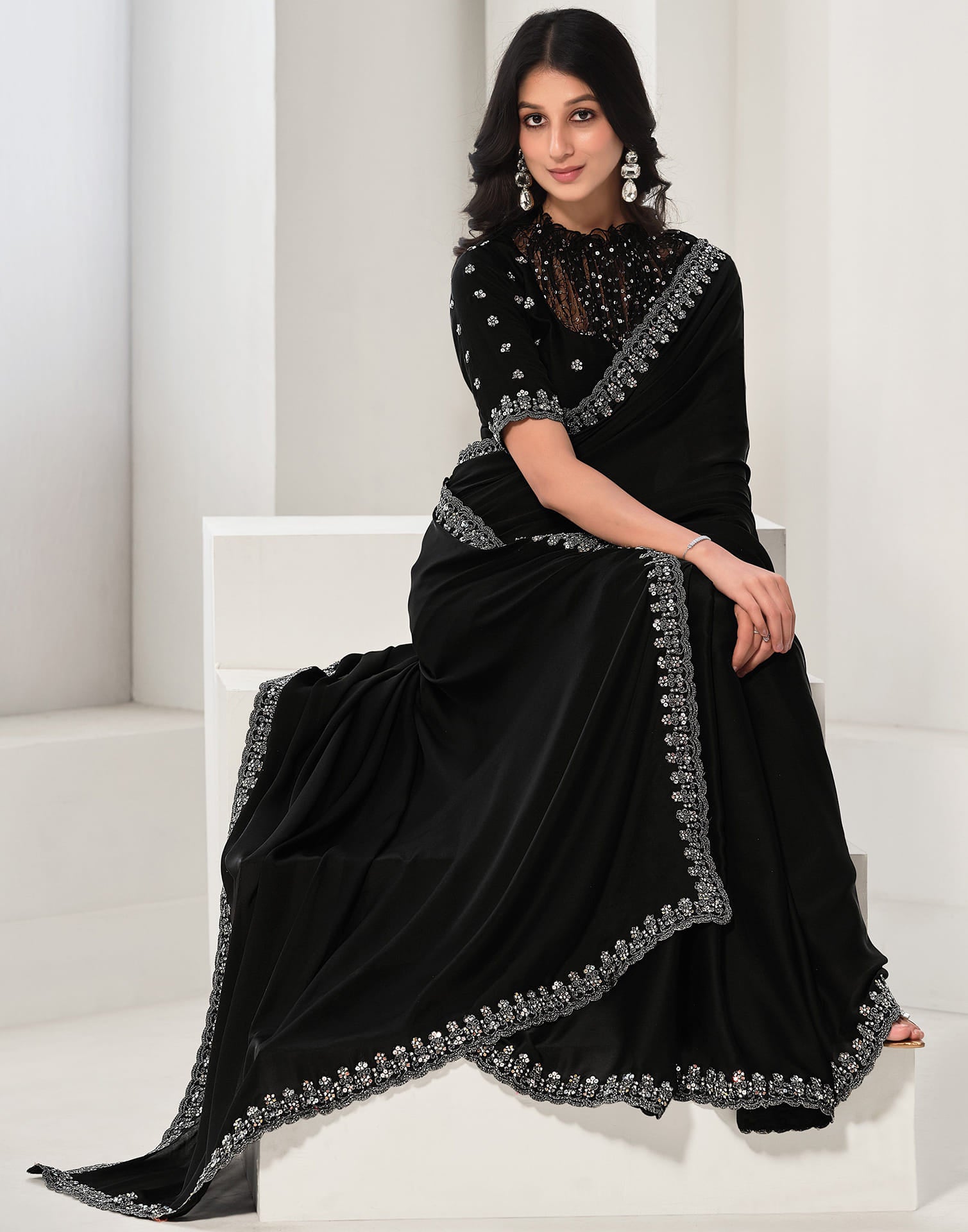 Black Silk Sequence Embellished Saree