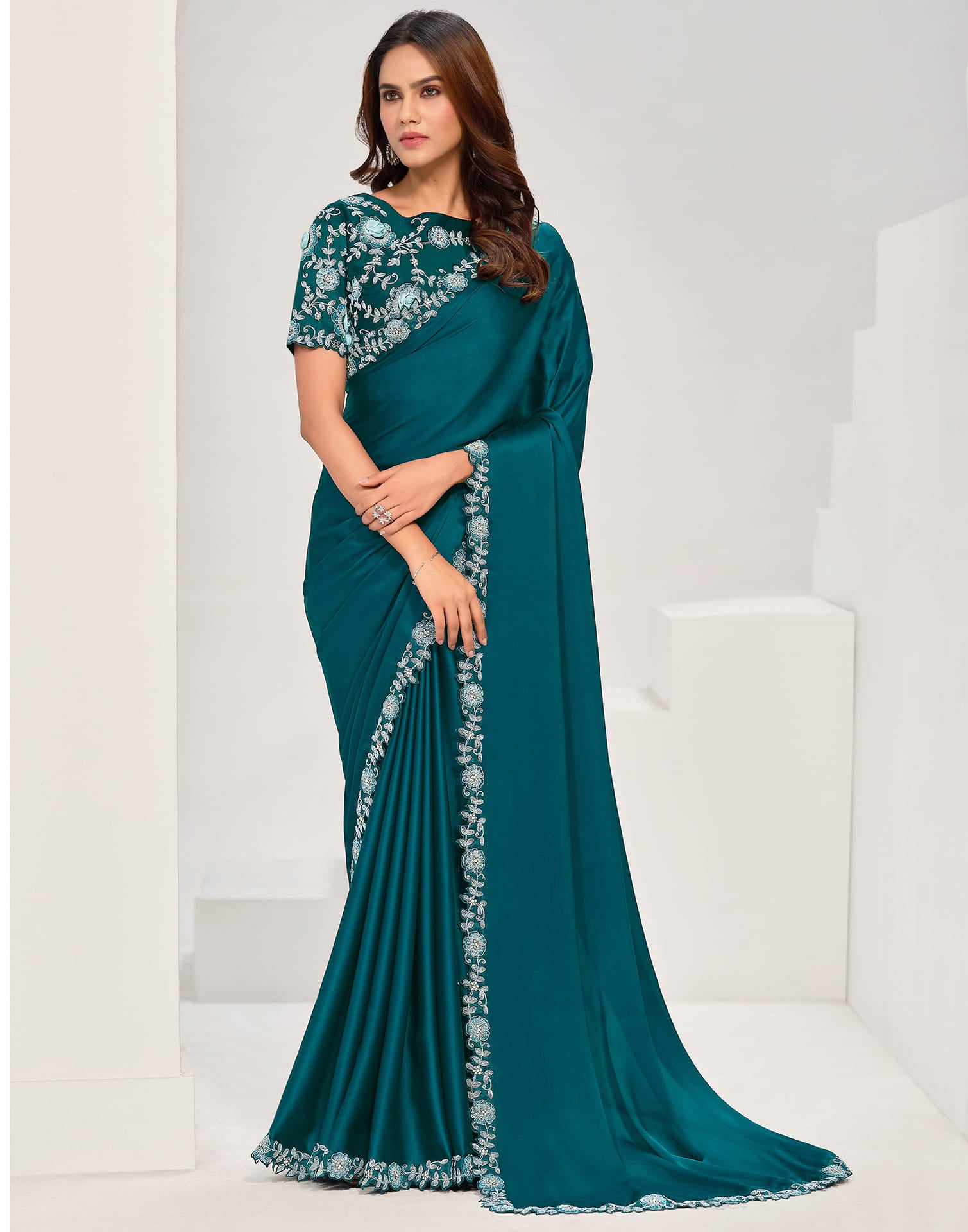 Rama Blue Silk Zardosi Work Embellished Saree