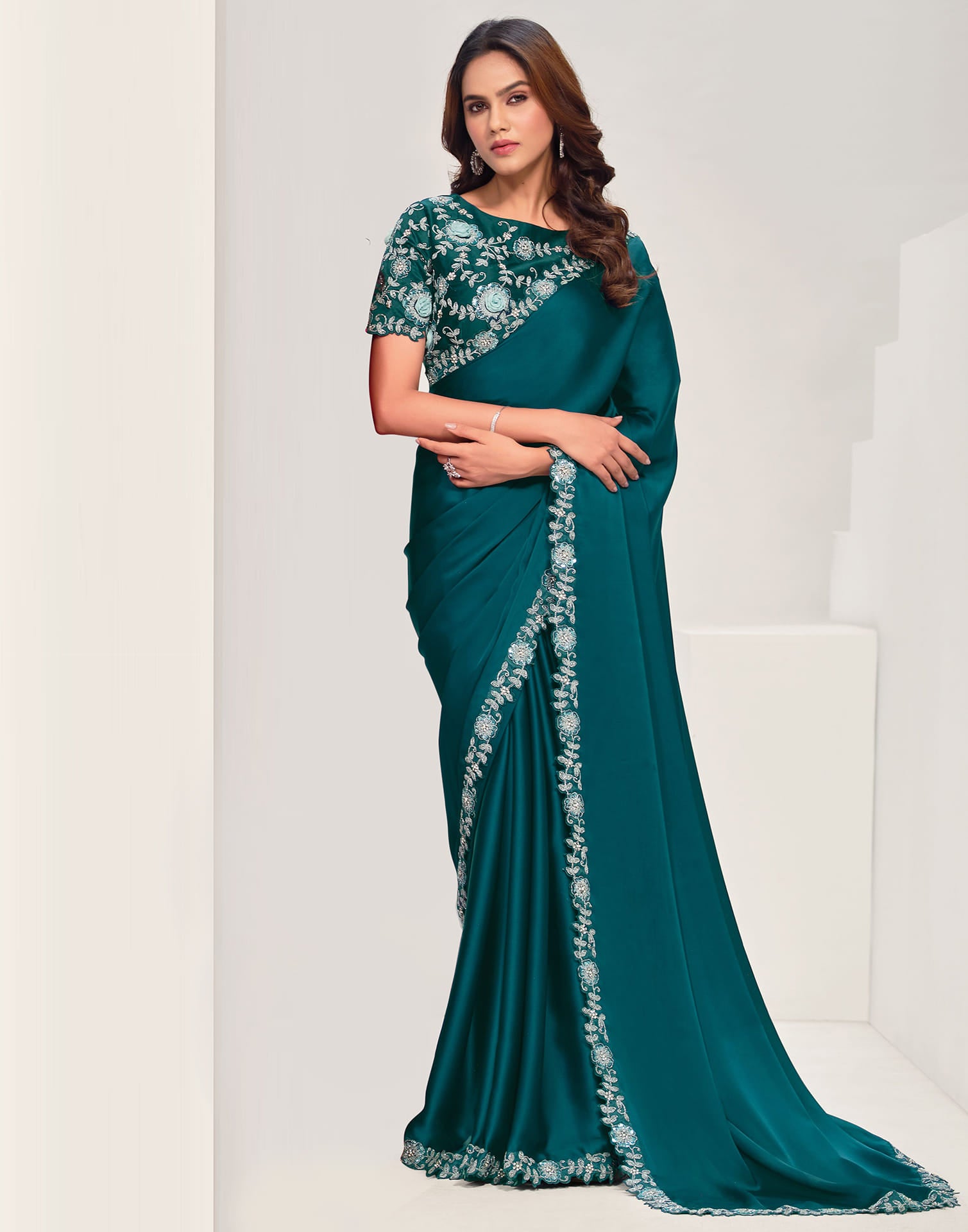 Rama Blue Silk Zardosi Work Embellished Saree