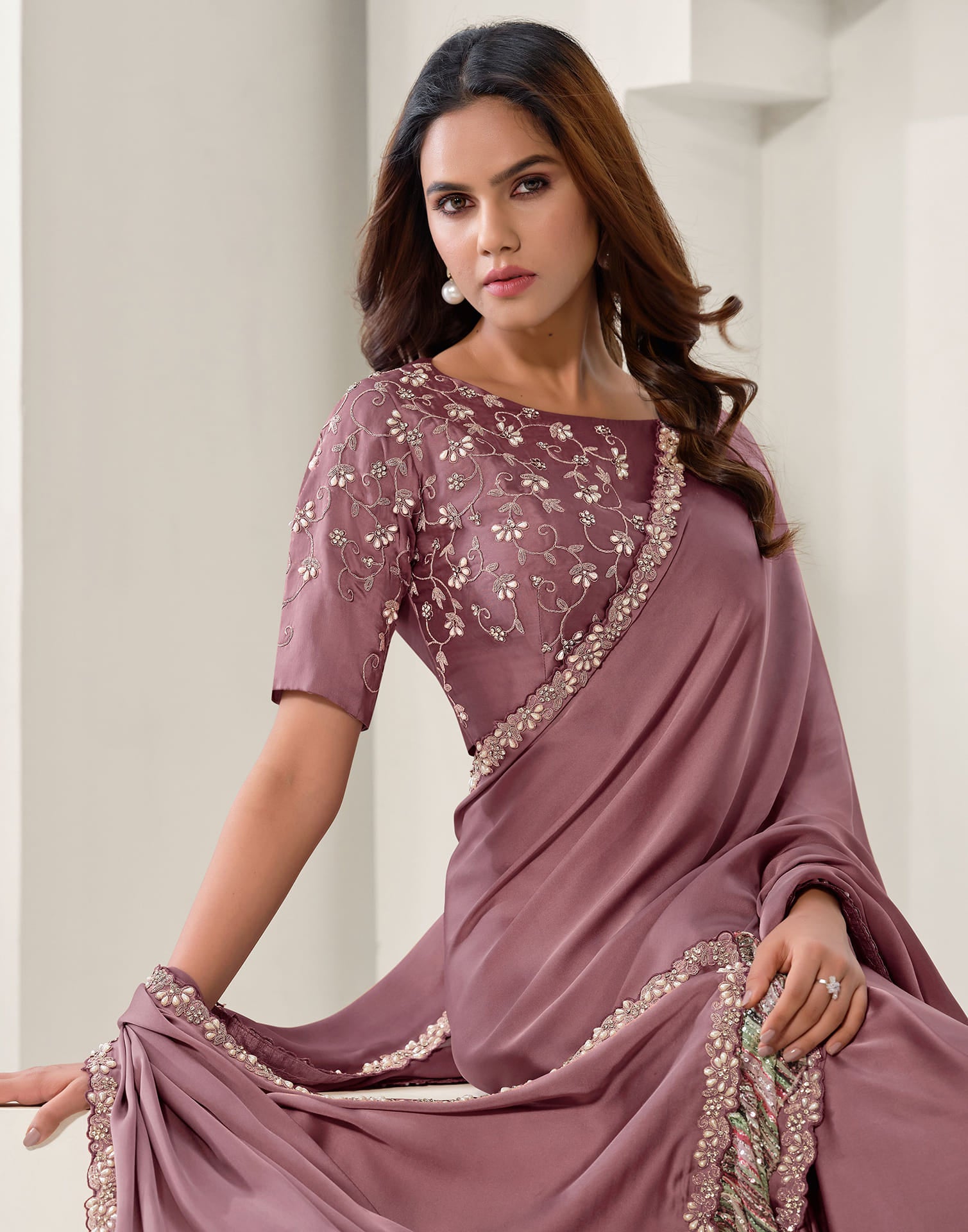 Mauve Georgette Sequence Embellished Saree