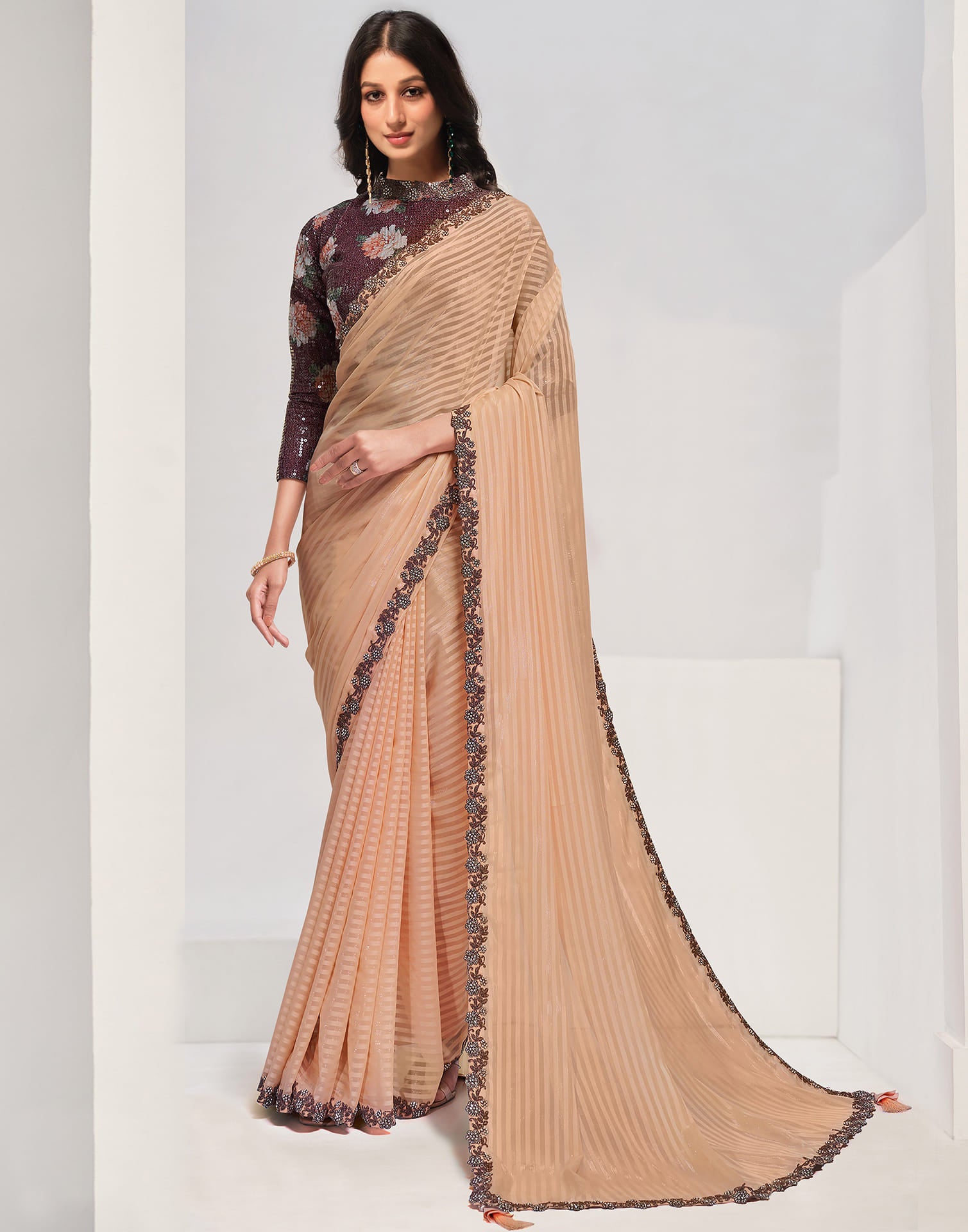 Light Peach Georgette Stone Work Embellished Saree