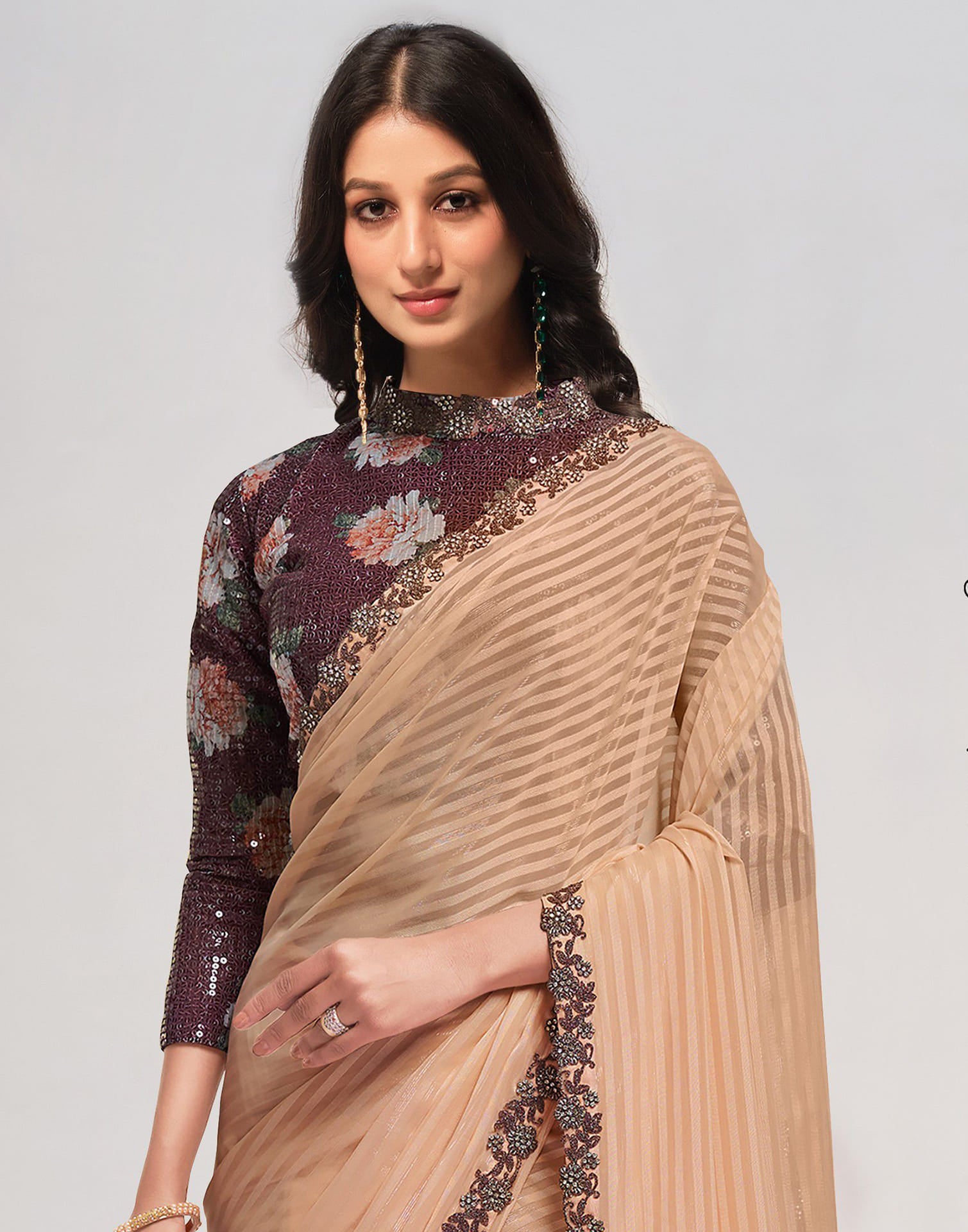 Light Peach Georgette Stone Work Embellished Saree