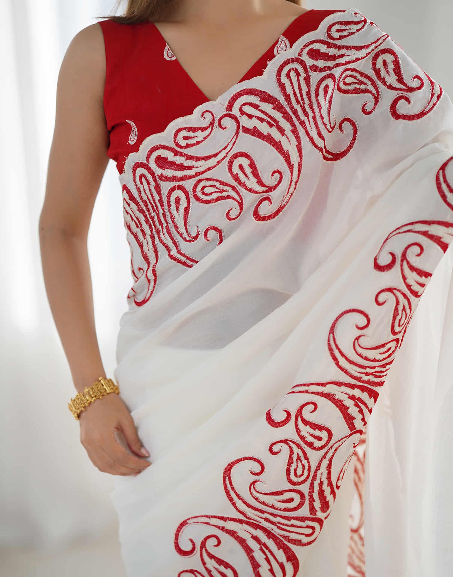 White Silk Embroidery Saree