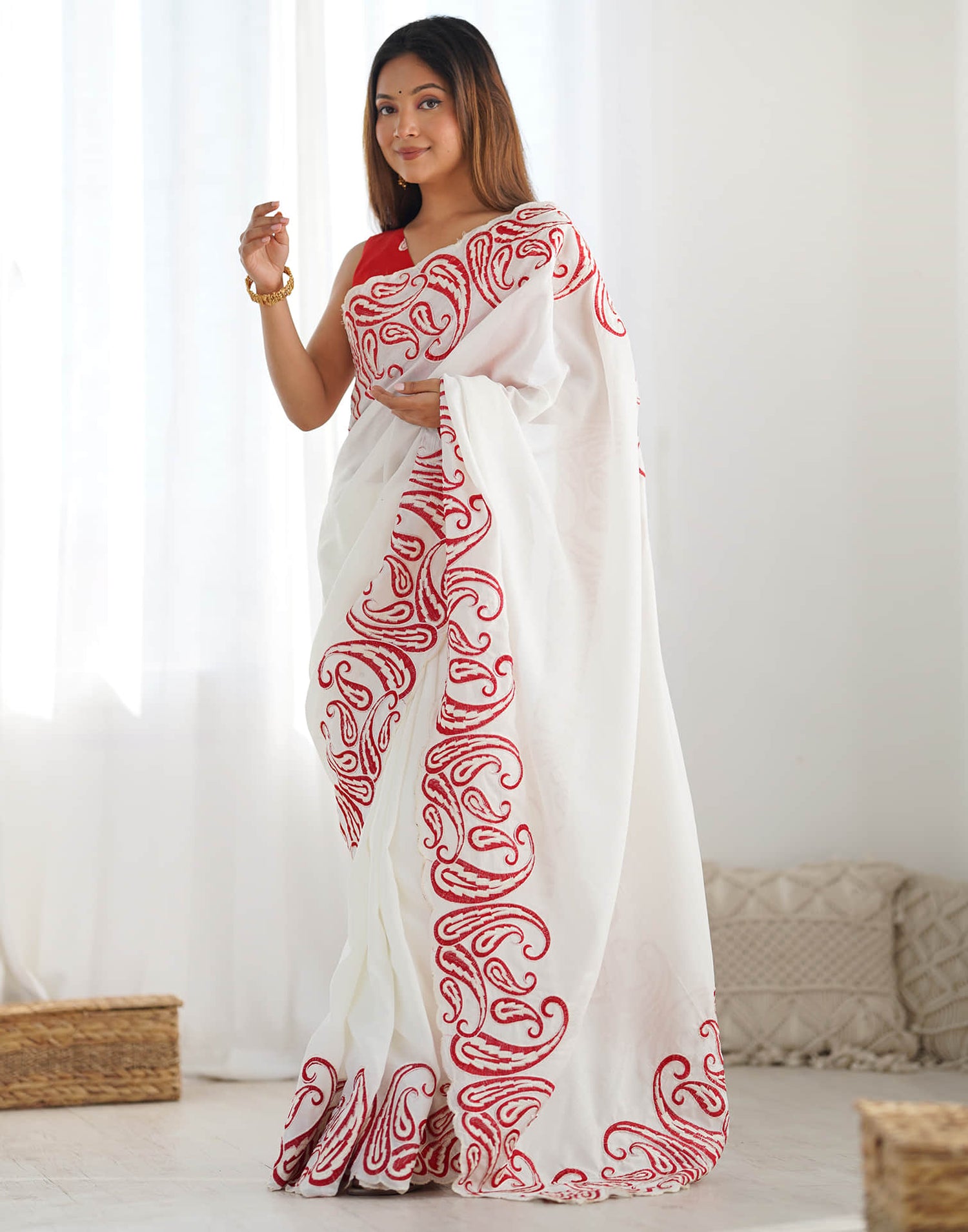 White Silk Embroidery Saree