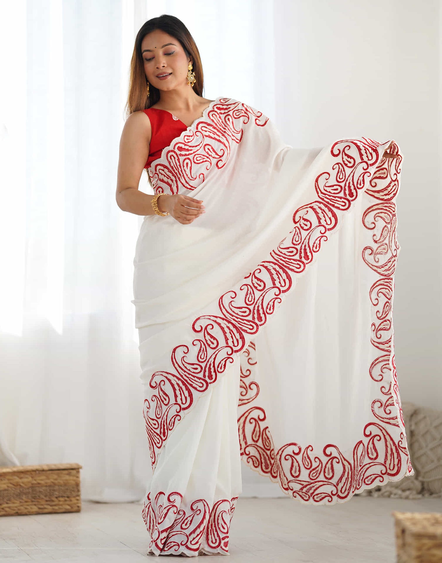 White Silk Embroidery Saree