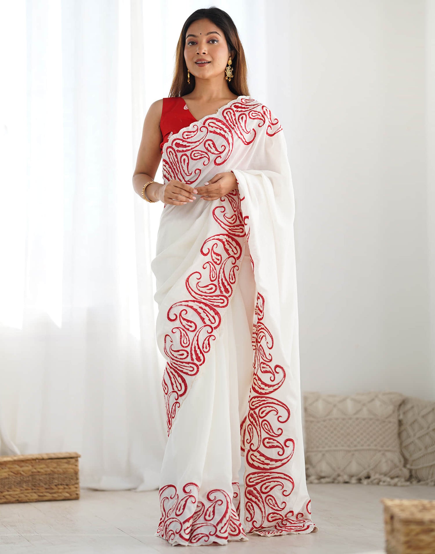 White Silk Embroidery Saree