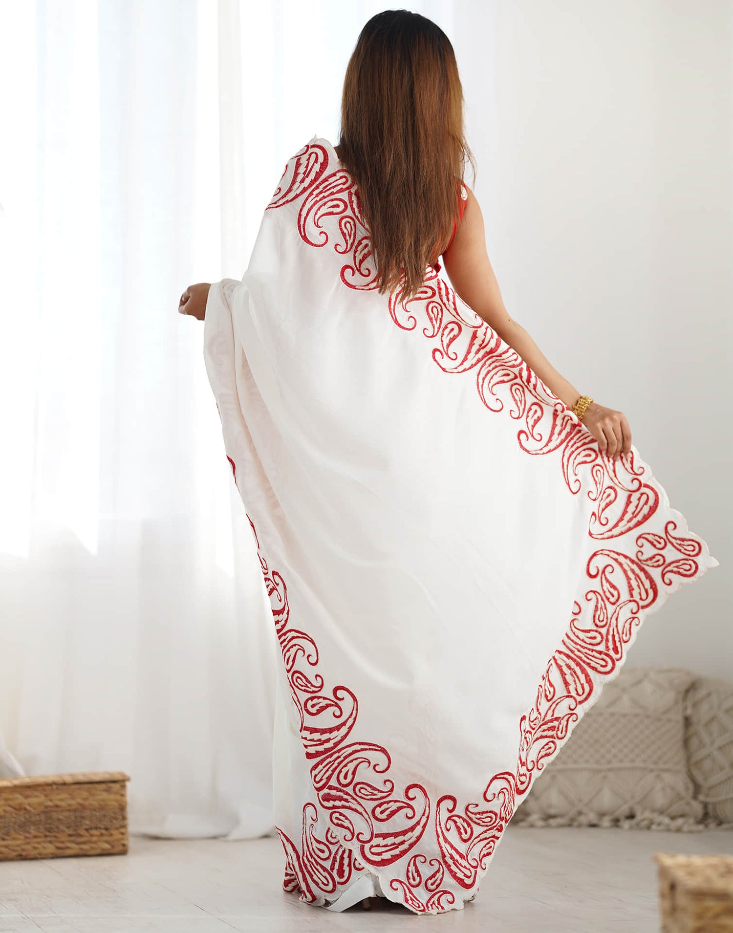 White Silk Embroidery Saree