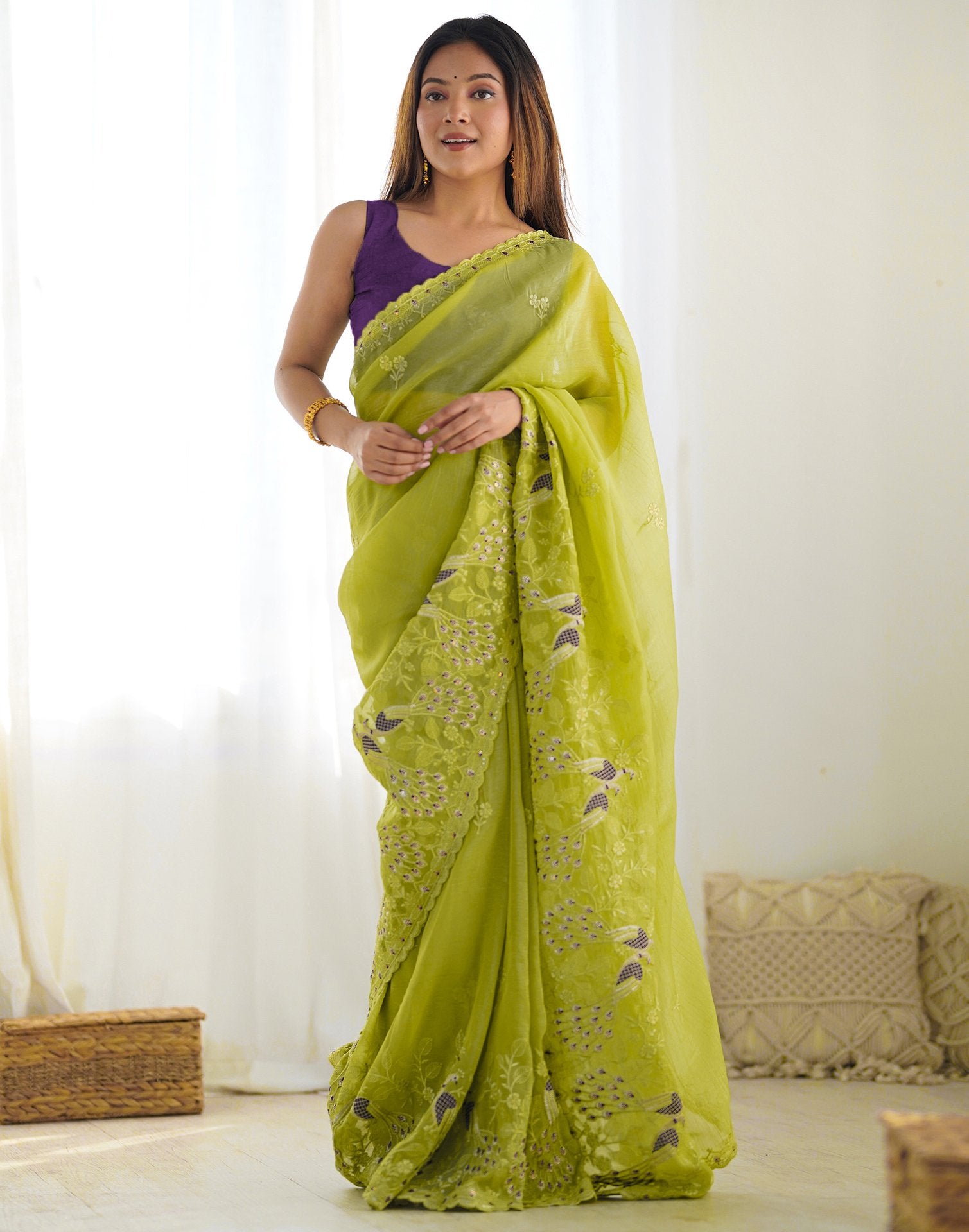 Mustard Green Silk Sequence Embroidery Saree
