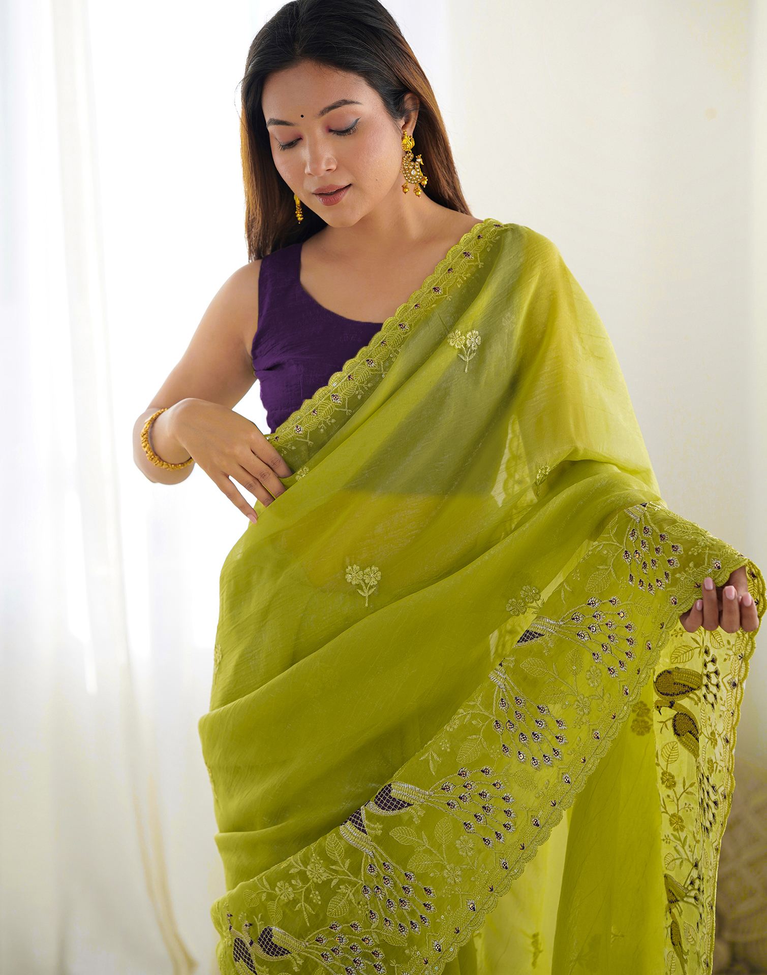 Mustard Green Silk Sequence Embroidery Saree