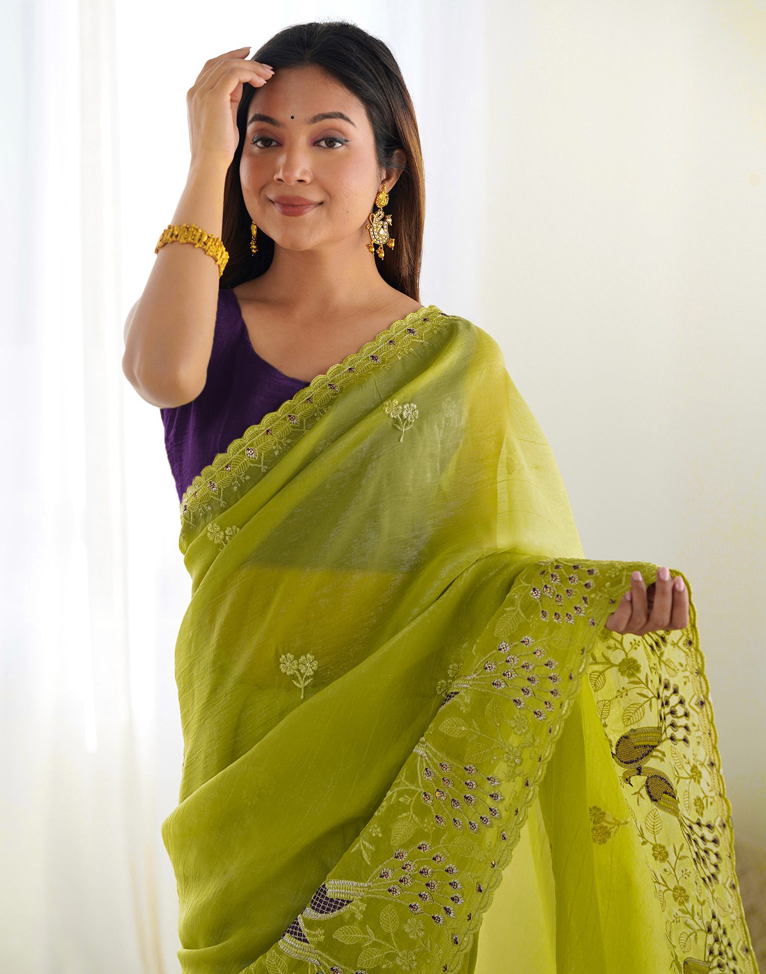 Mustard Green Silk Sequence Embroidery Saree