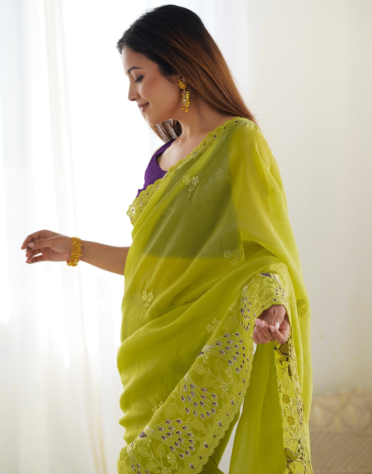 Mustard Green Silk Sequence Embroidery Saree
