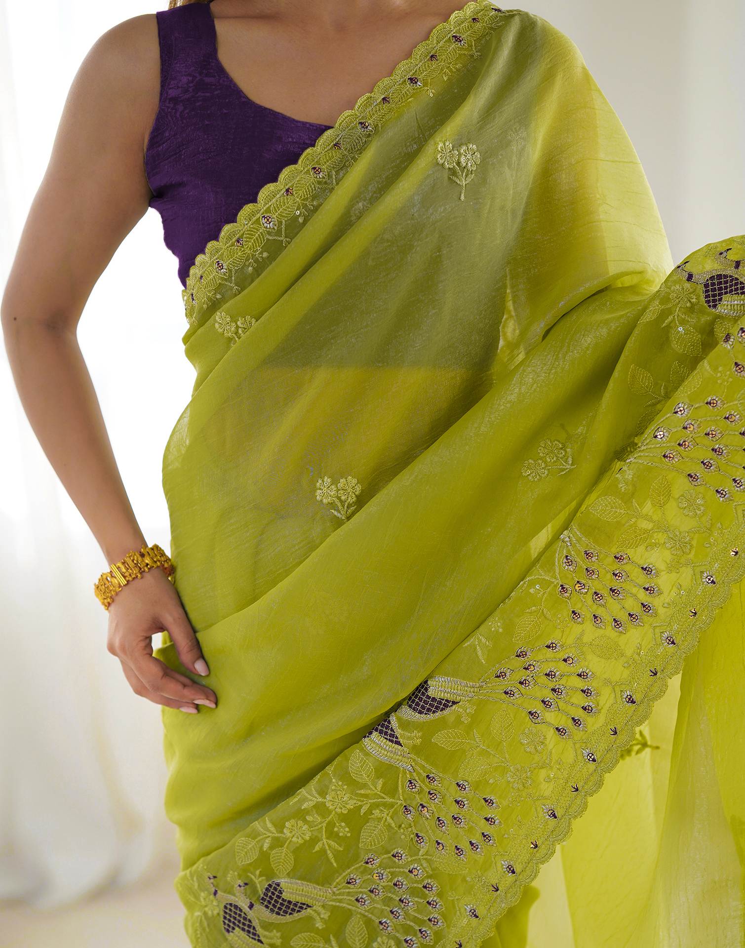 Mustard Green Silk Sequence Embroidery Saree