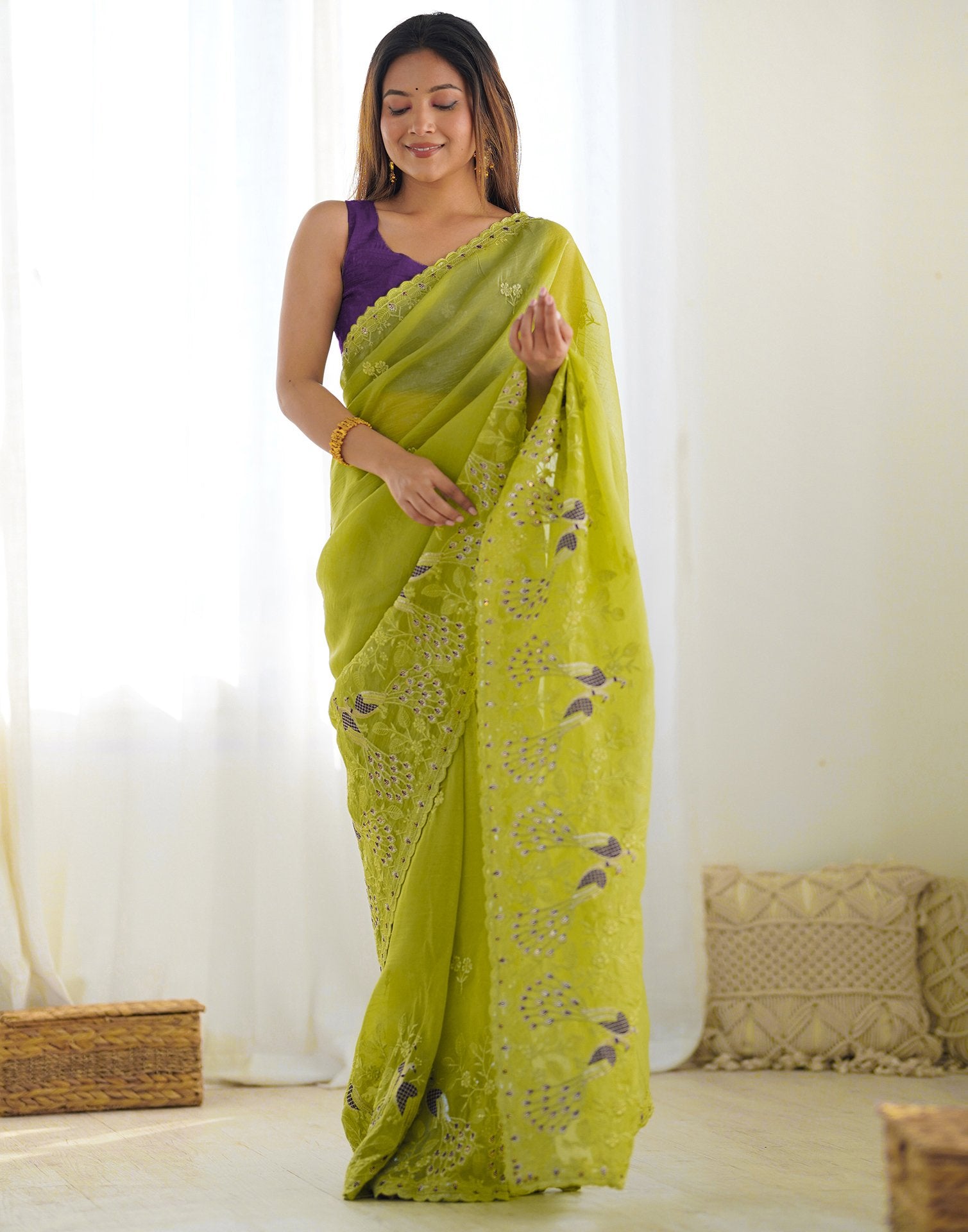 Mustard Green Silk Sequence Embroidery Saree