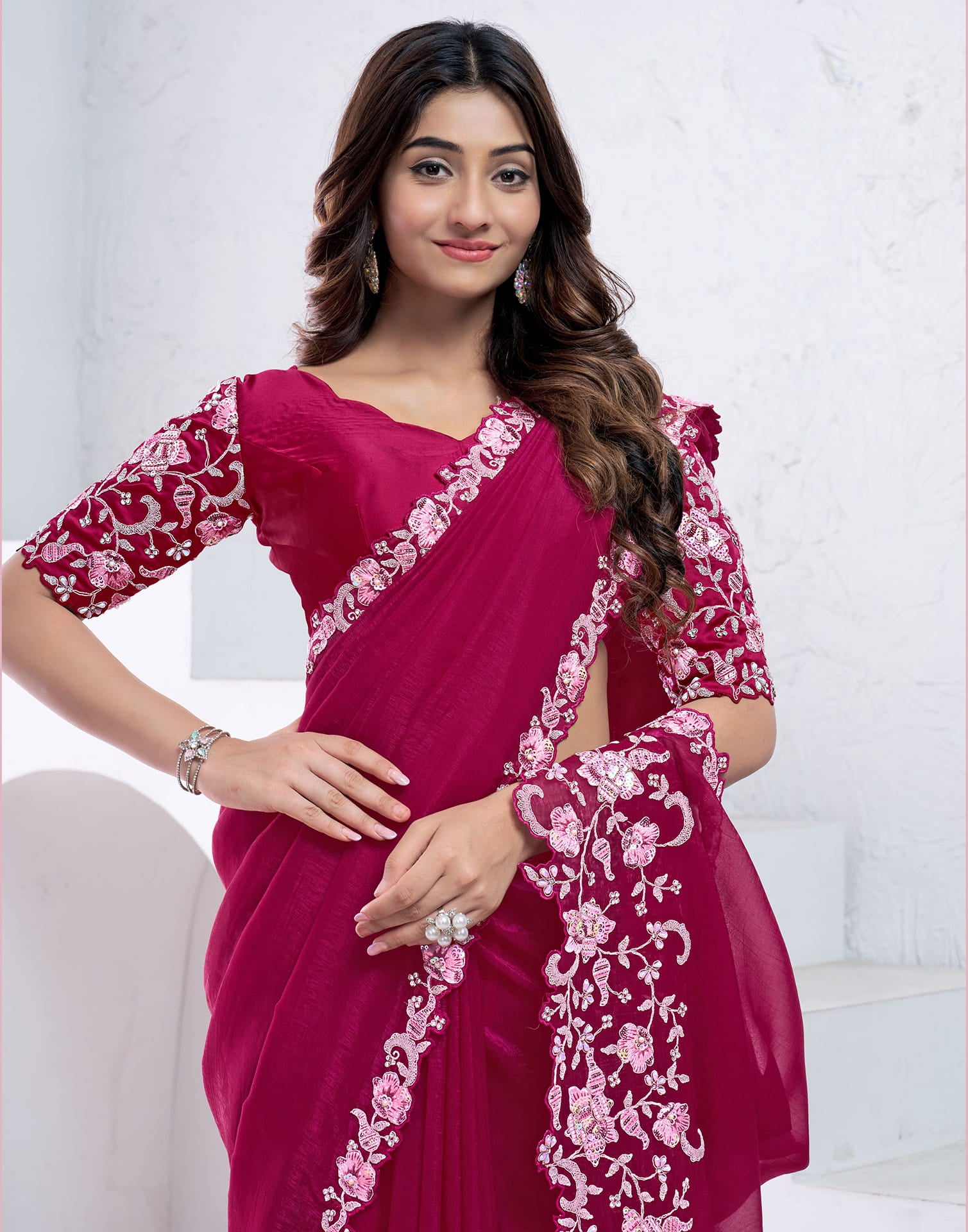 Rani Pink Silk Sequence Embellished Saree