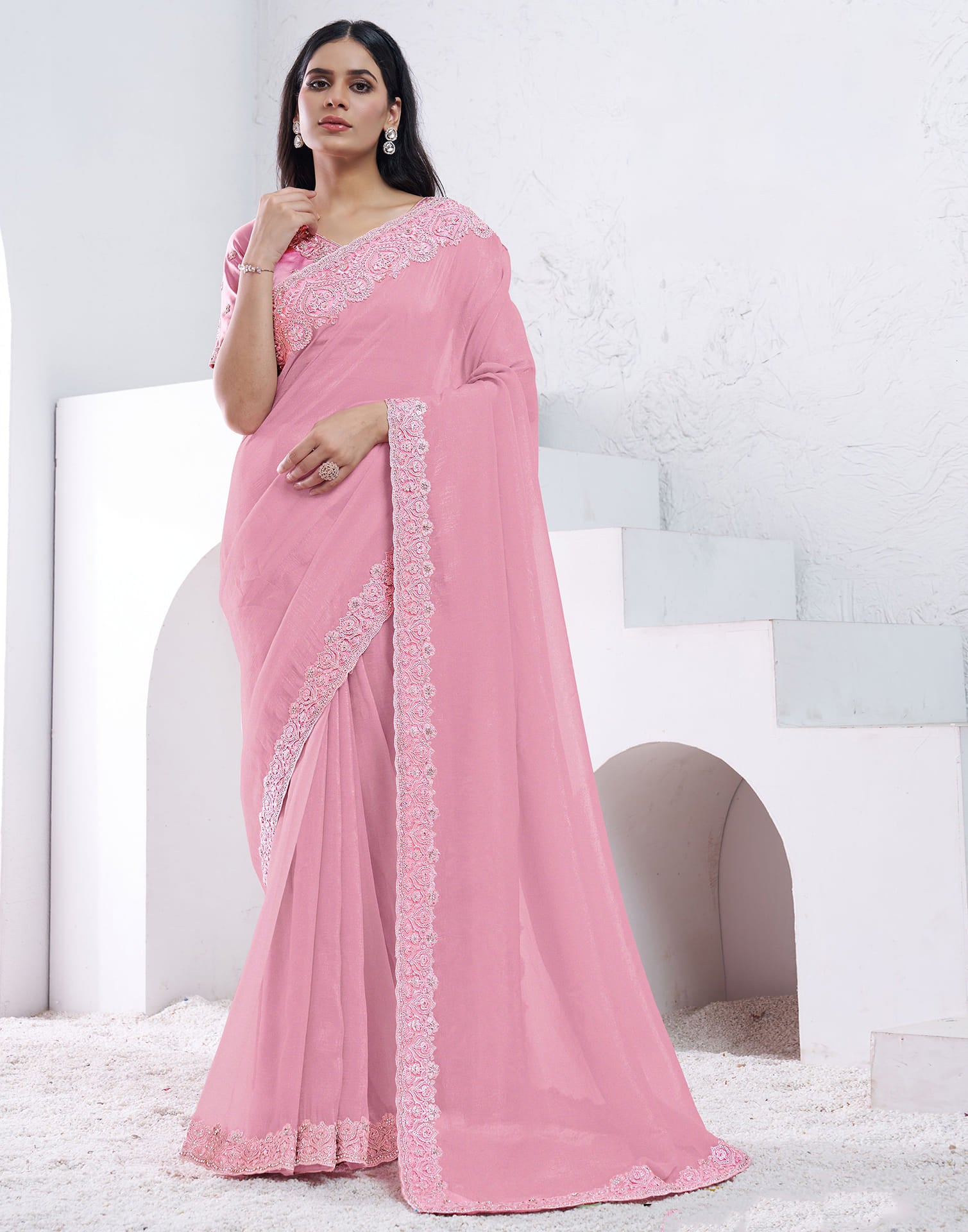 Light Rose Pink Silk Embroidery Embellished Saree