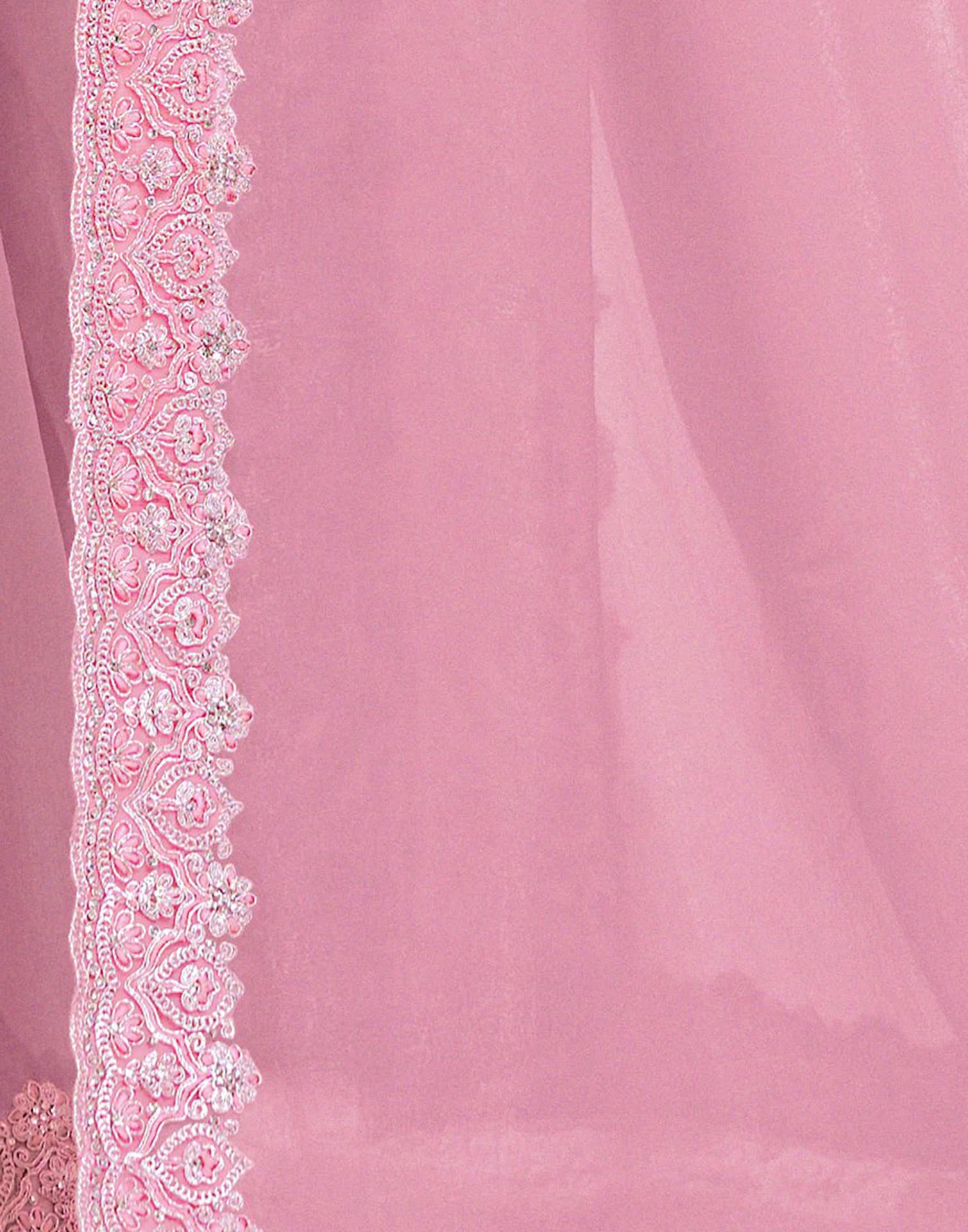 Light Rose Pink Silk Embroidery Embellished Saree
