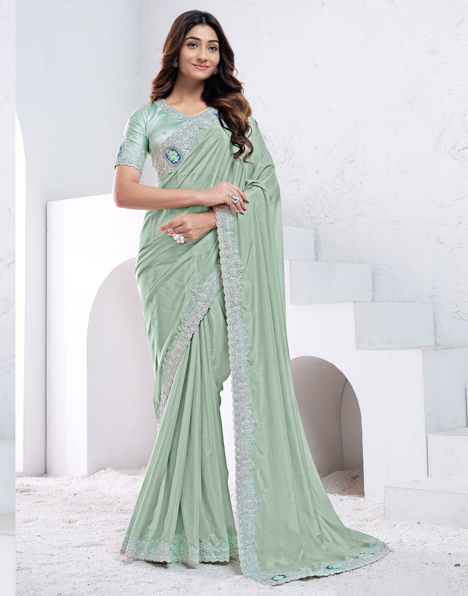 Light Pista Green Silk Embroidery Embellished Saree