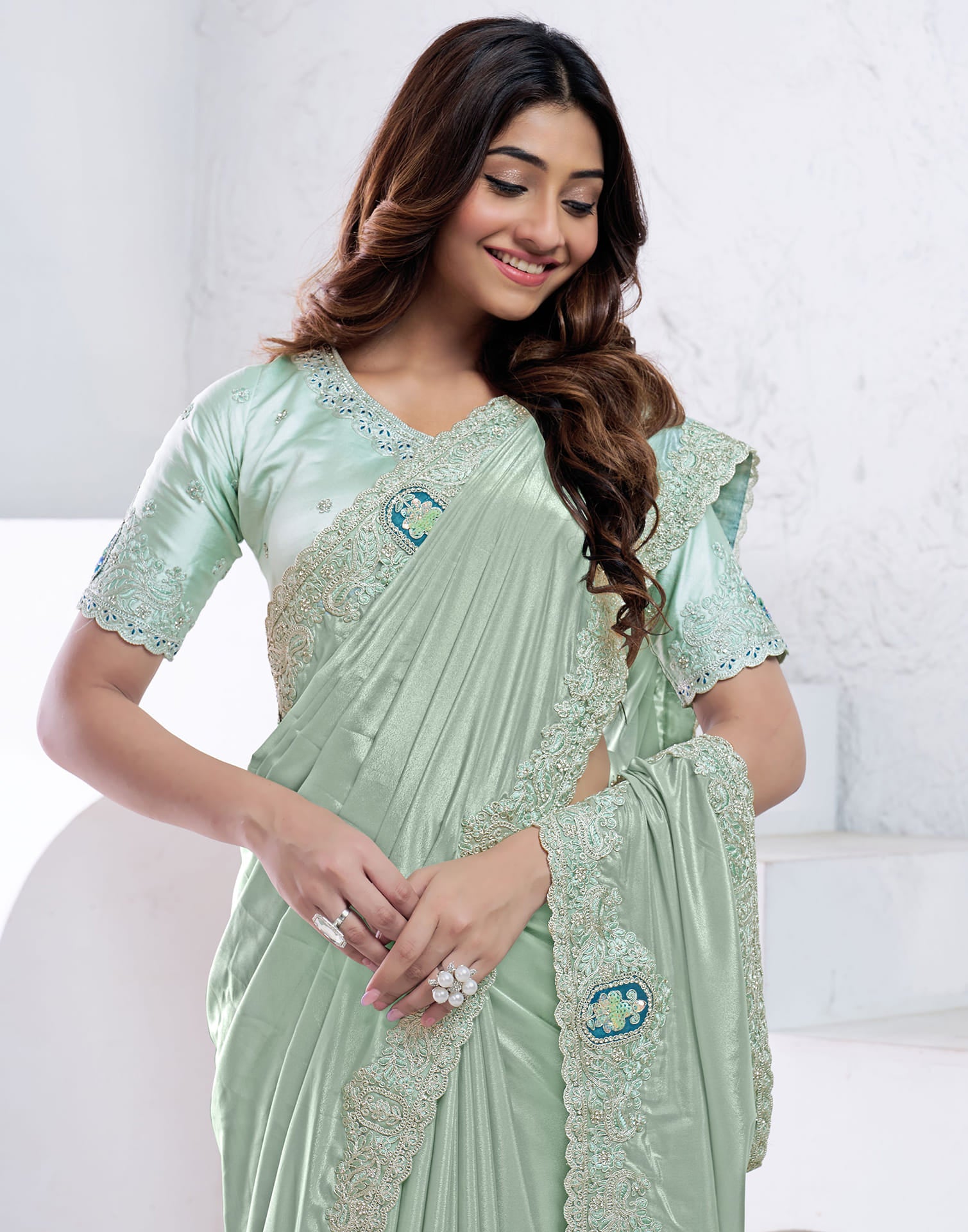 Light Pista Green Silk Embroidery Embellished Saree