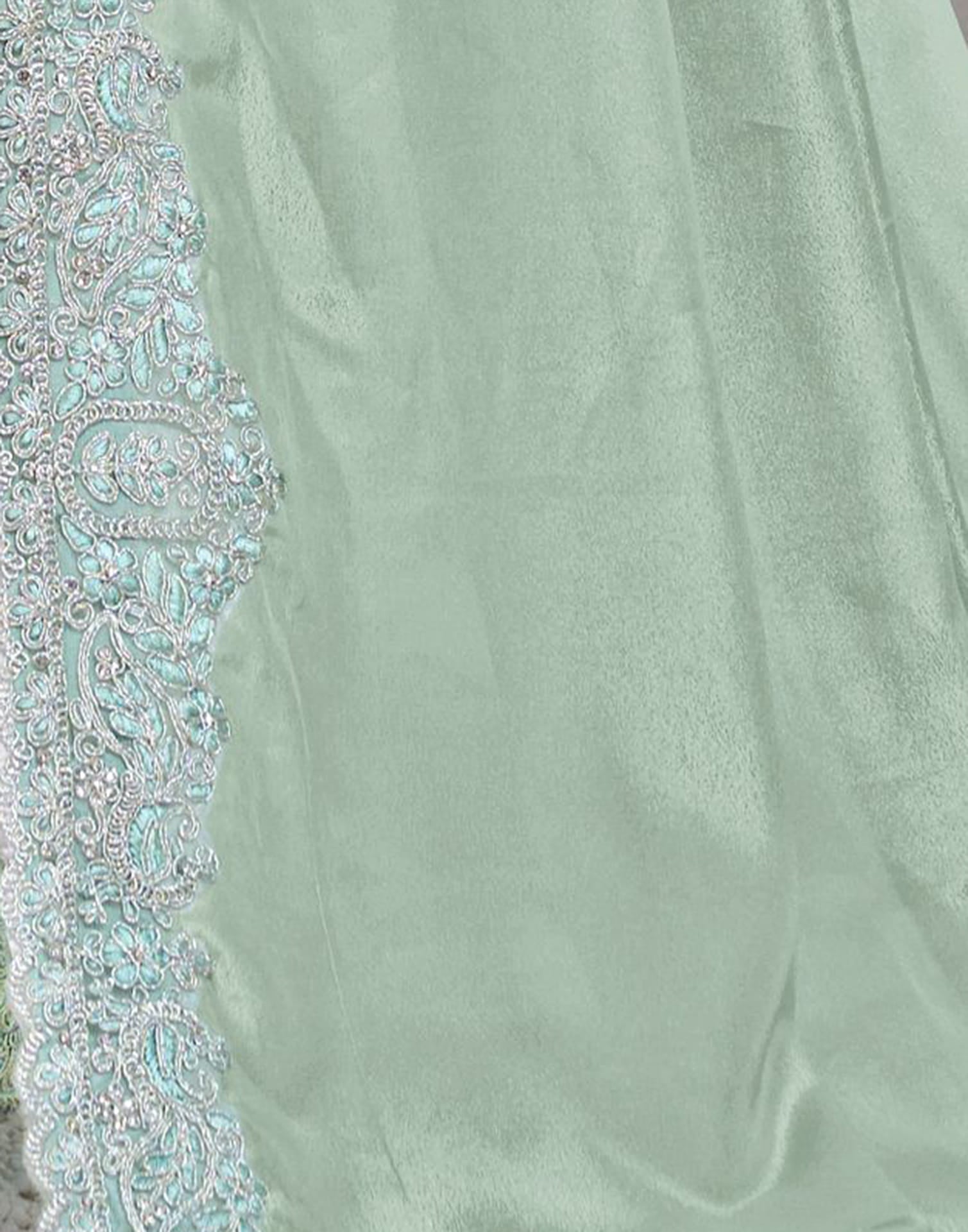 Light Pista Green Silk Embroidery Embellished Saree