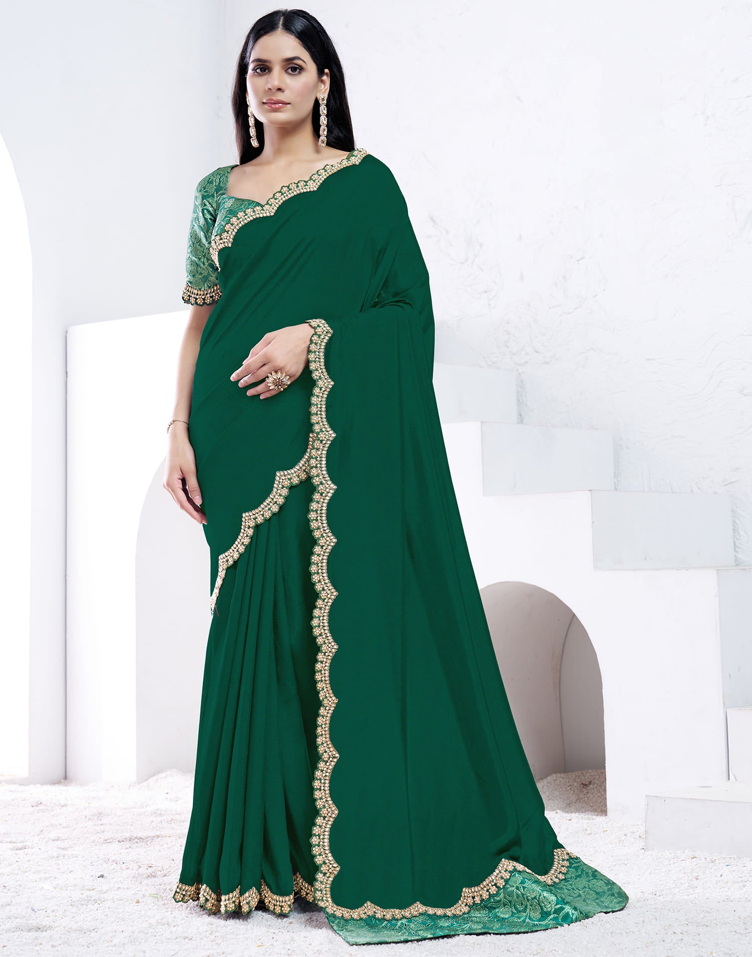 Dark Green Silk Pearl Work Embellished Saree