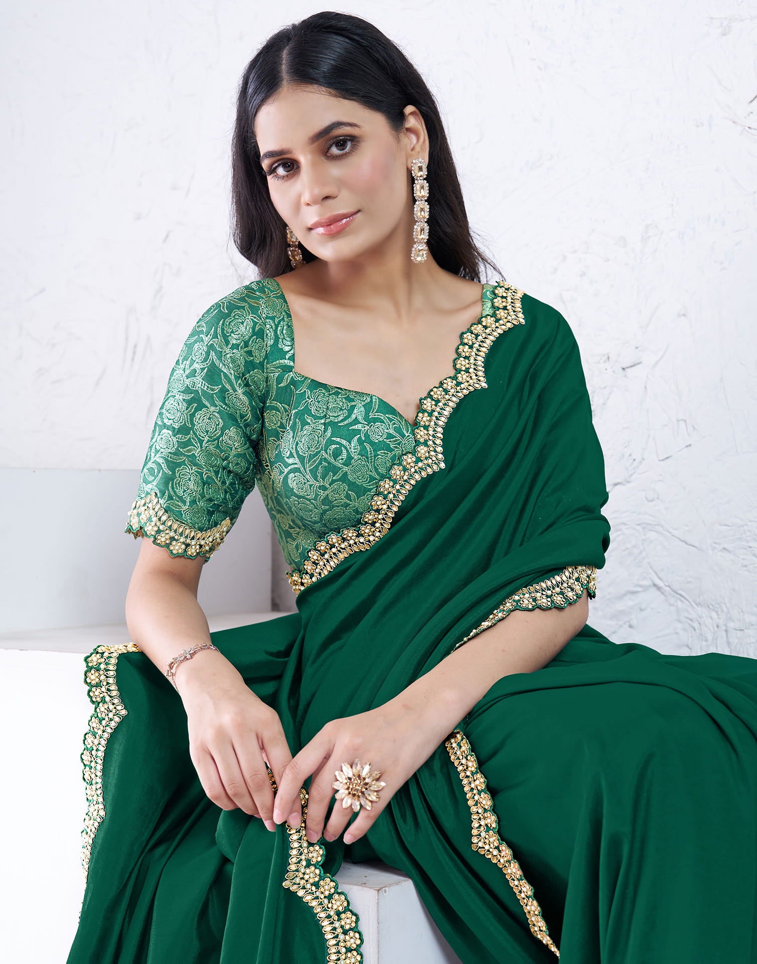 Dark Green Silk Pearl Work Embellished Saree