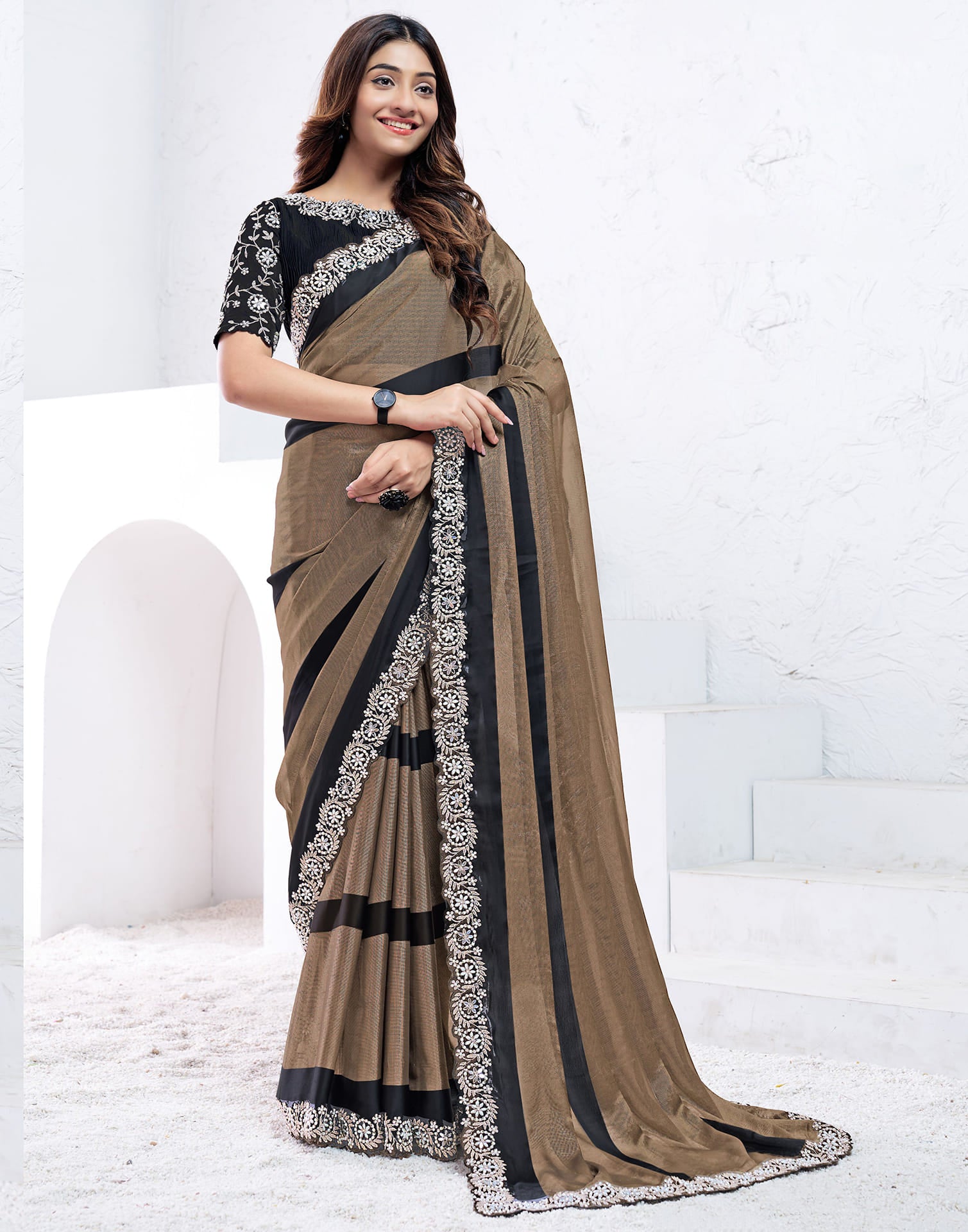 Dark Brown Georgette Self Woven Embellished Saree