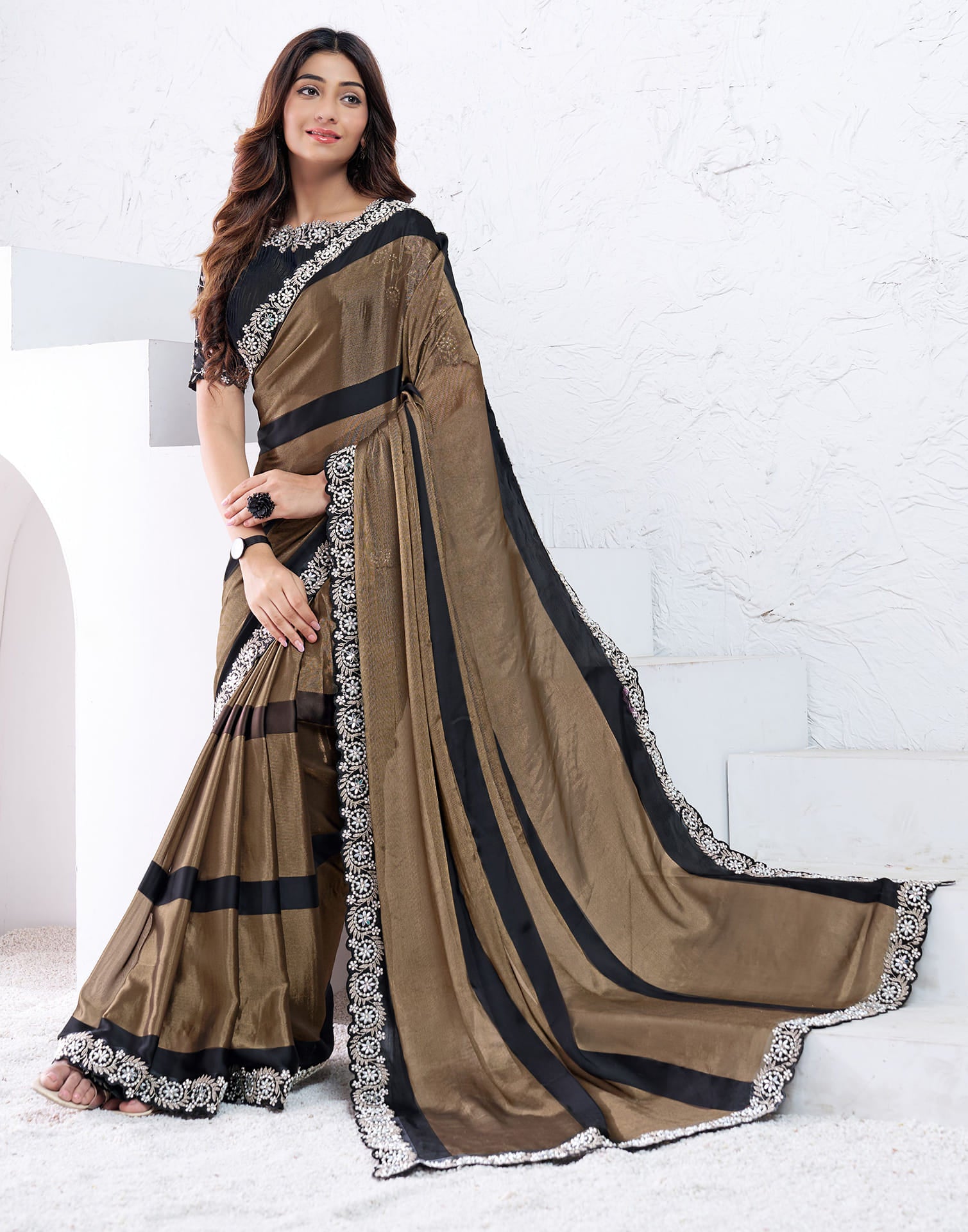 Dark Brown Georgette Self Woven Embellished Saree