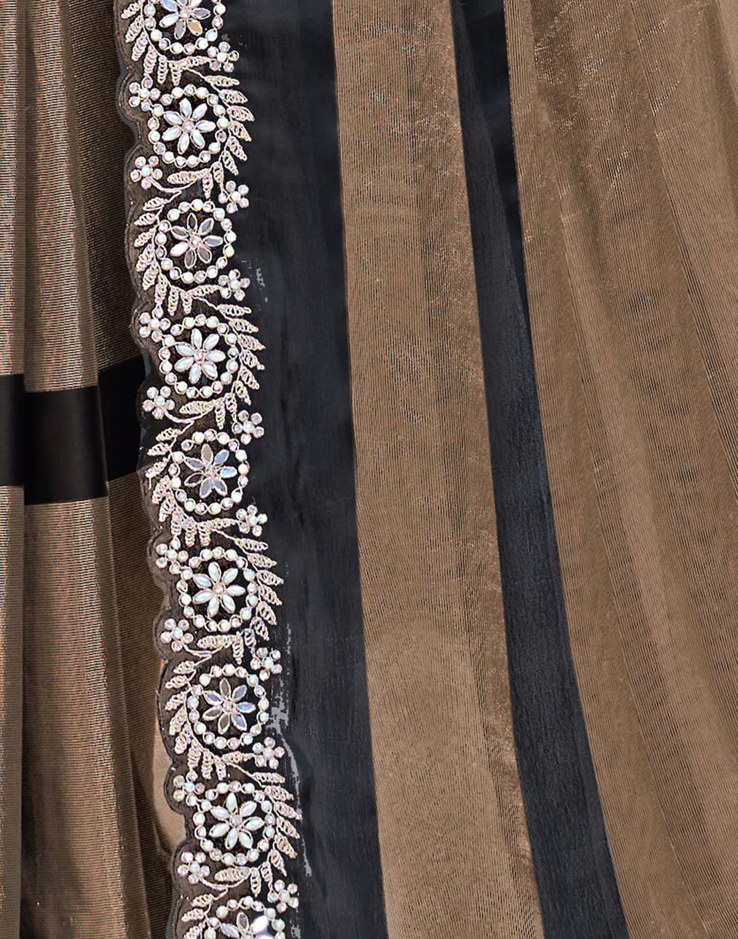 Dark Brown Georgette Self Woven Embellished Saree