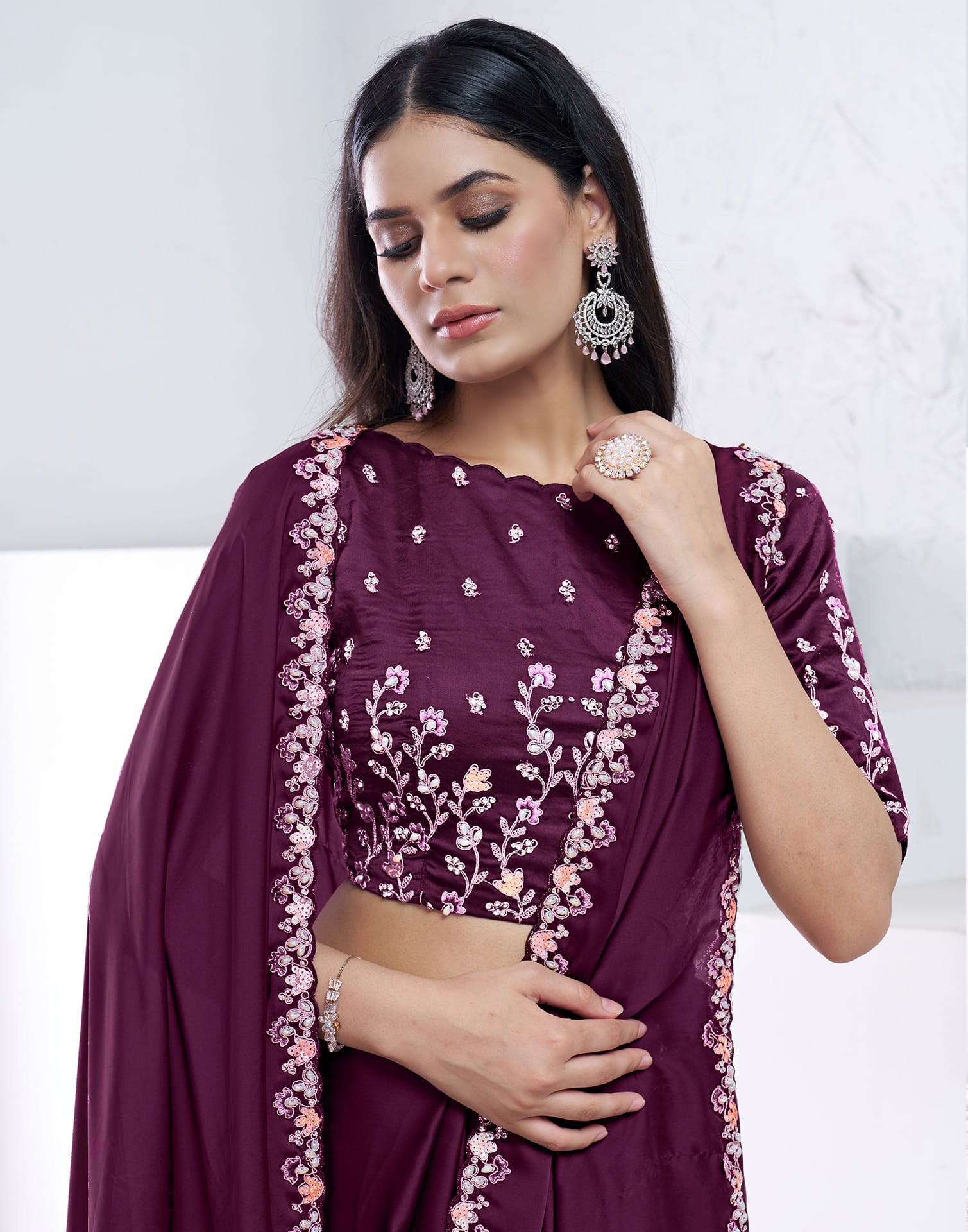 Wine Silk Pearl Work Embellished Saree