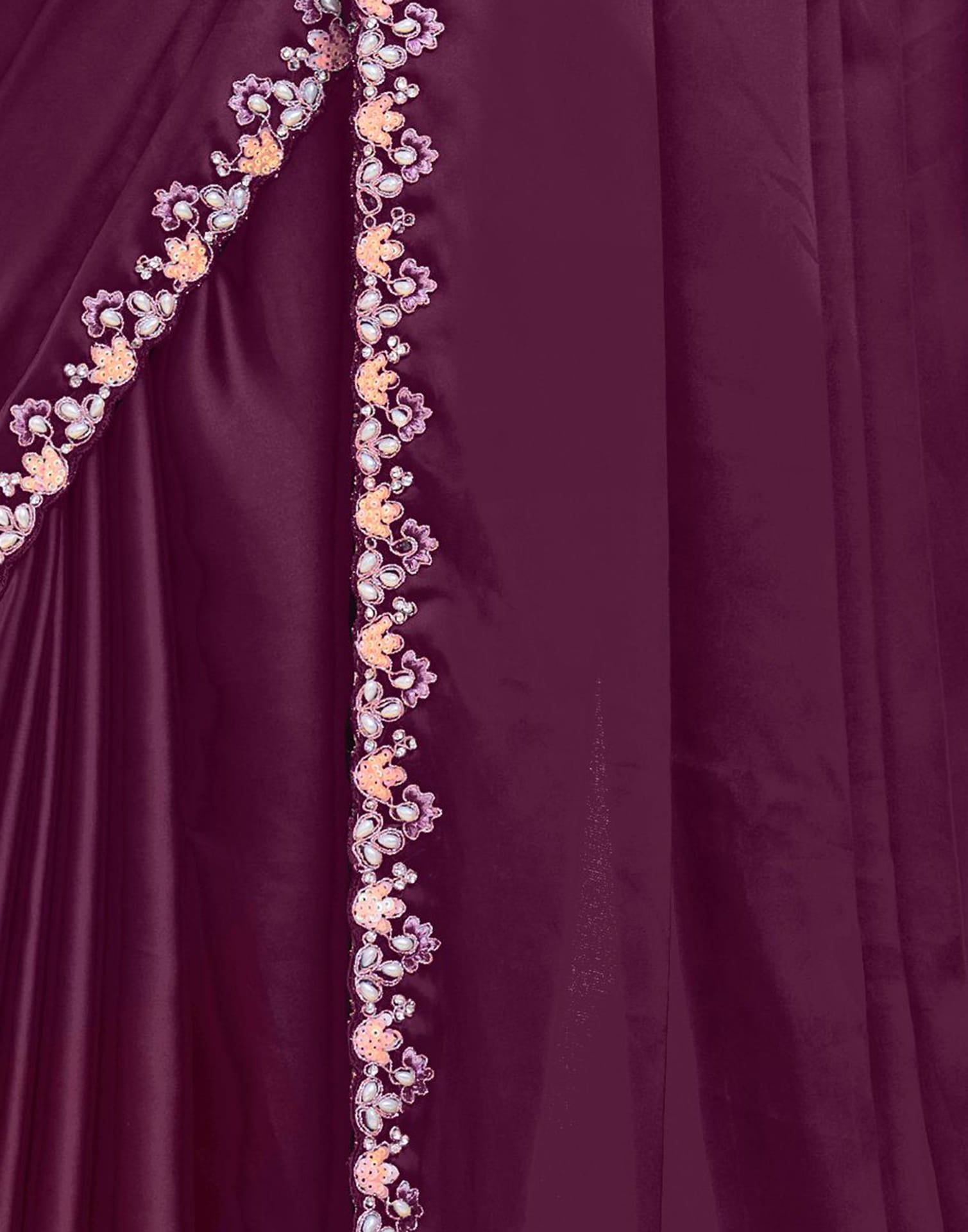Wine Silk Pearl Work Embellished Saree