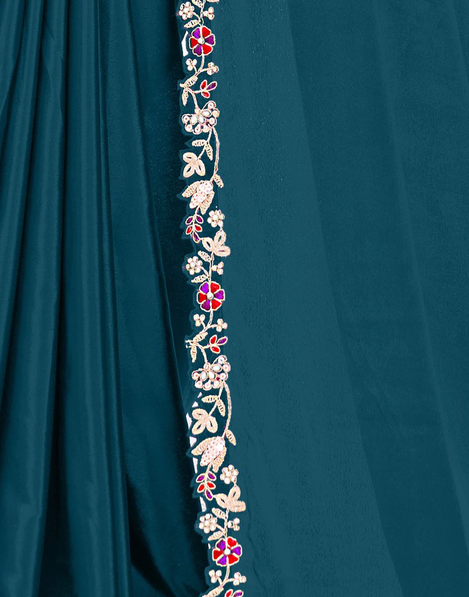 Rama Blue Silk Pearl Work Embellished Saree