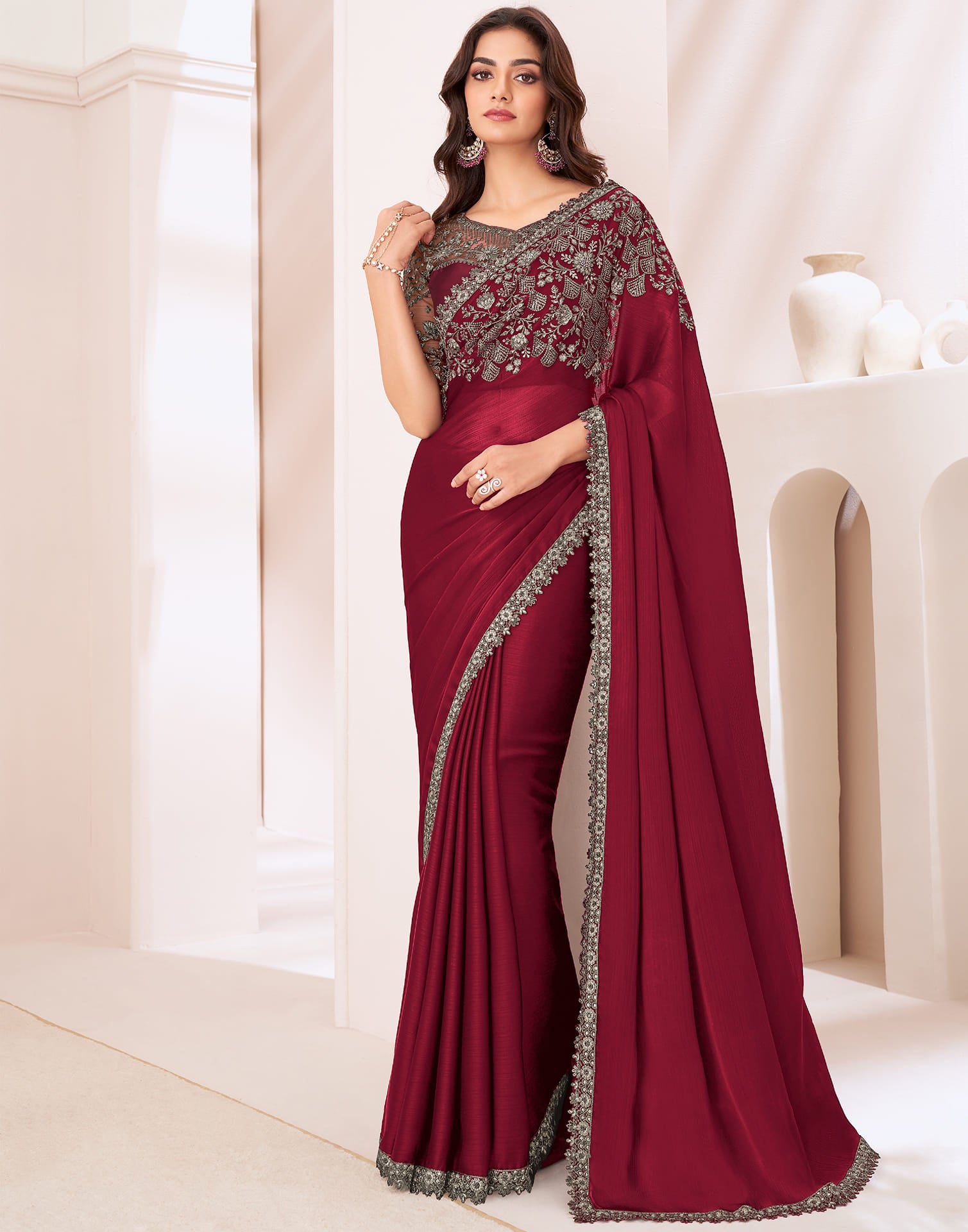 Maroon Silk Sequence Embellished Saree