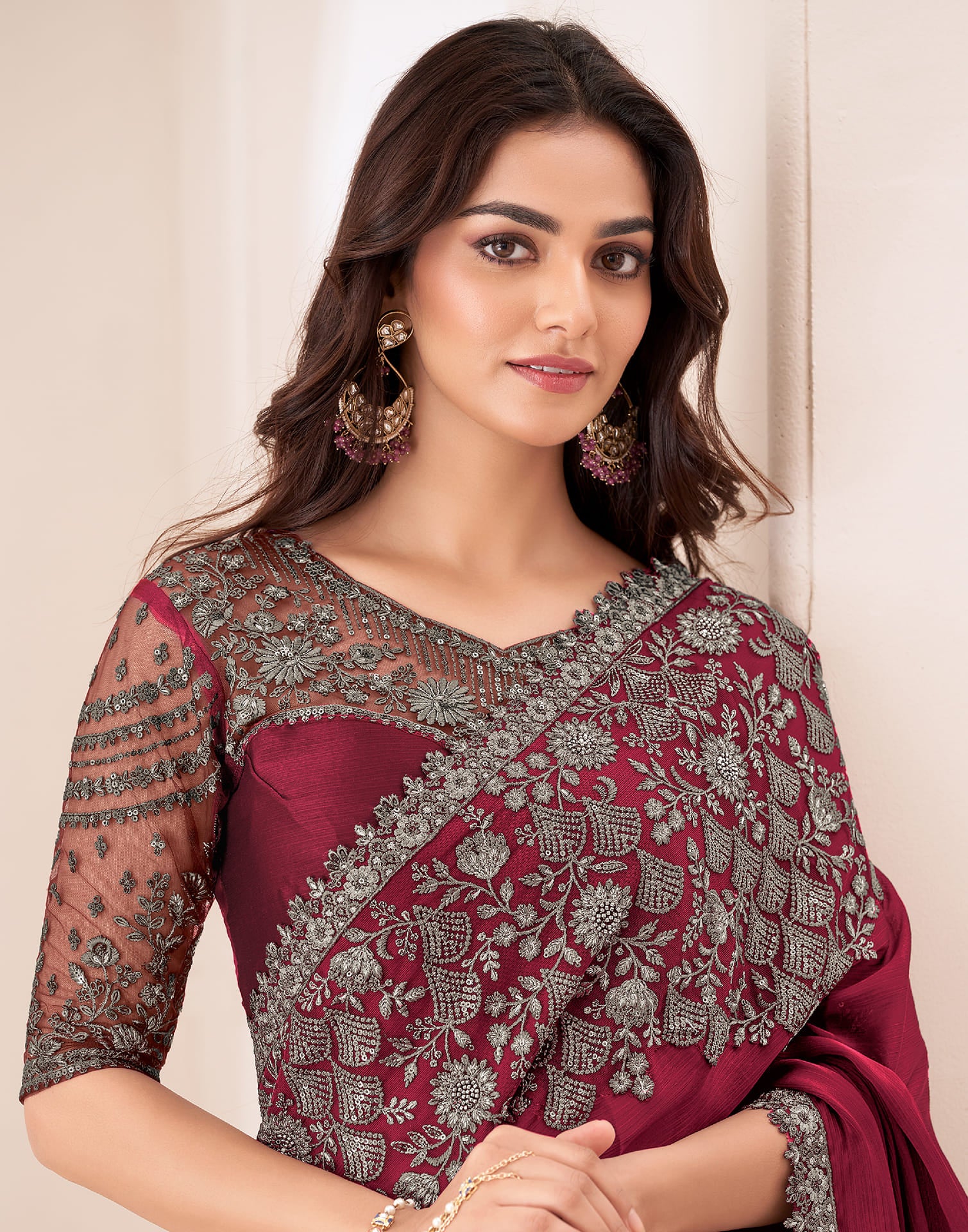 Maroon Silk Sequence Embellished Saree