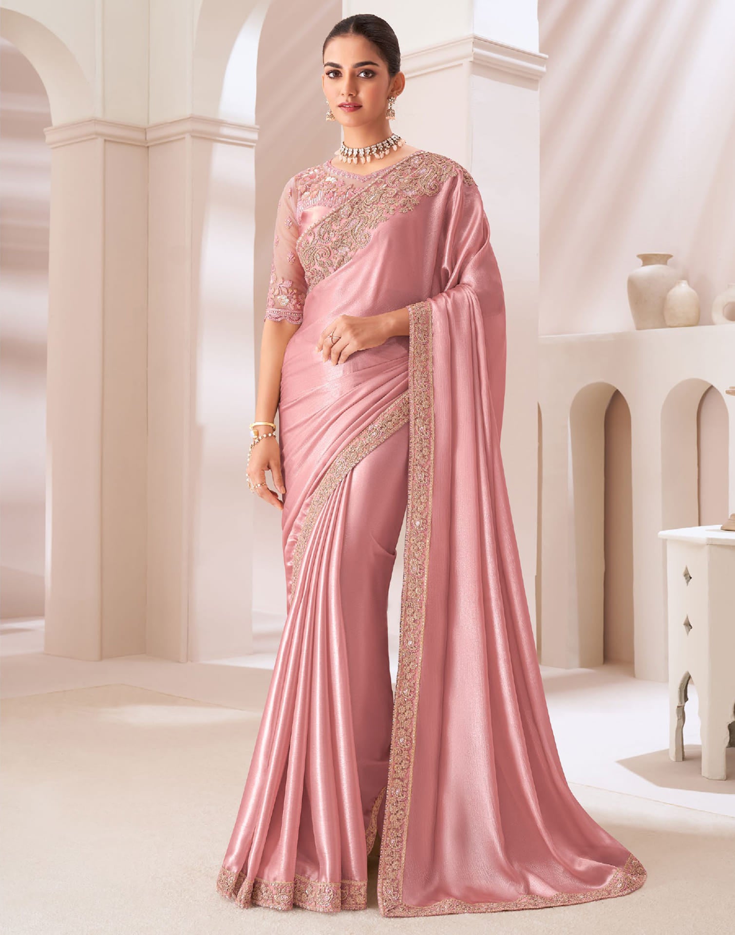 Light Rose Pink Satin Sequence Embellished Saree