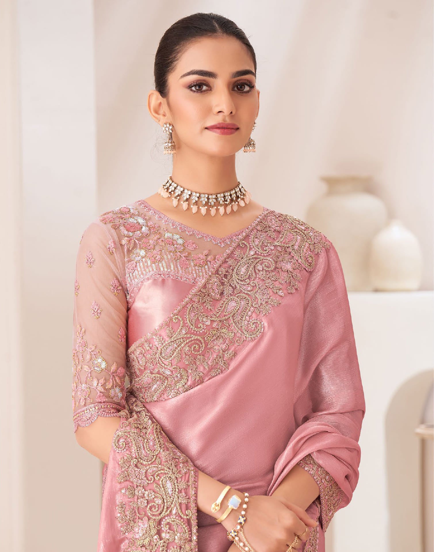Light Rose Pink Satin Sequence Embellished Saree