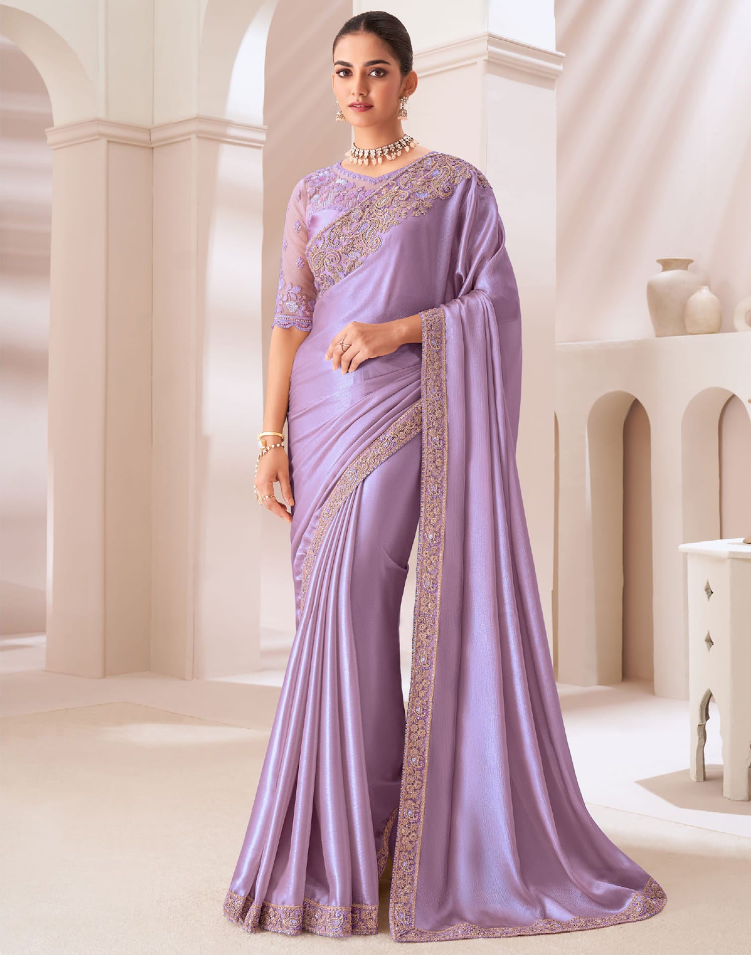 Light Purple Satin Sequence Embellished Saree
