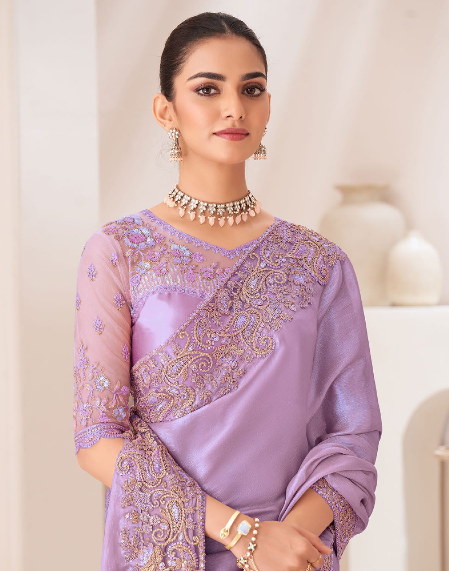 Light Purple Satin Sequence Embellished Saree