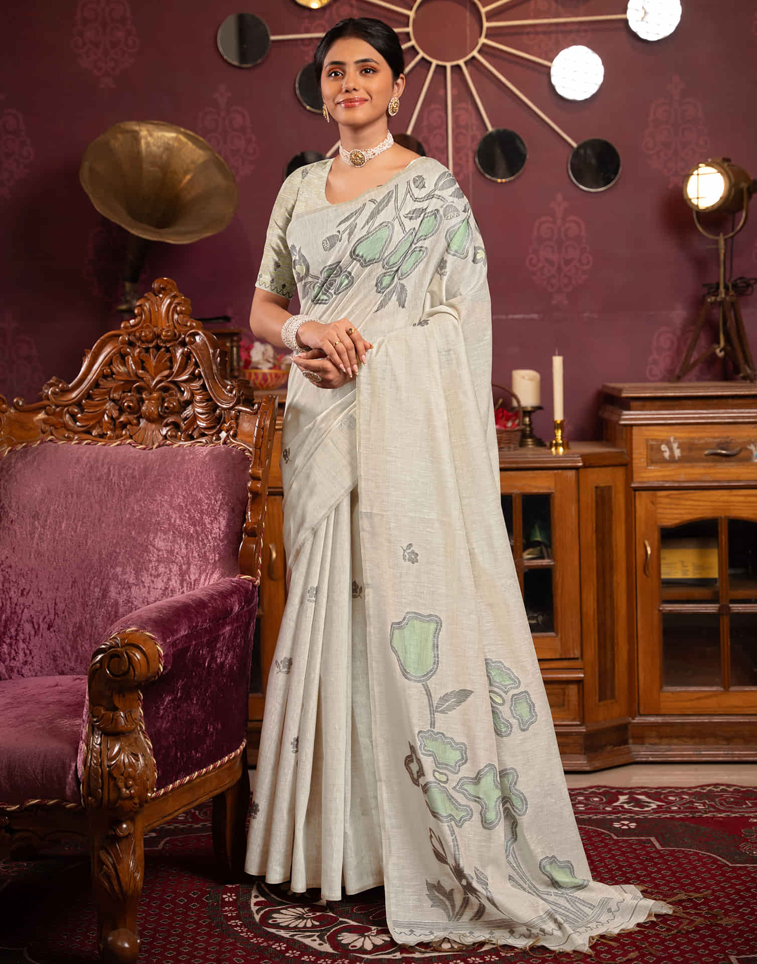 Beige Cotton Weaving Jamdani Saree
