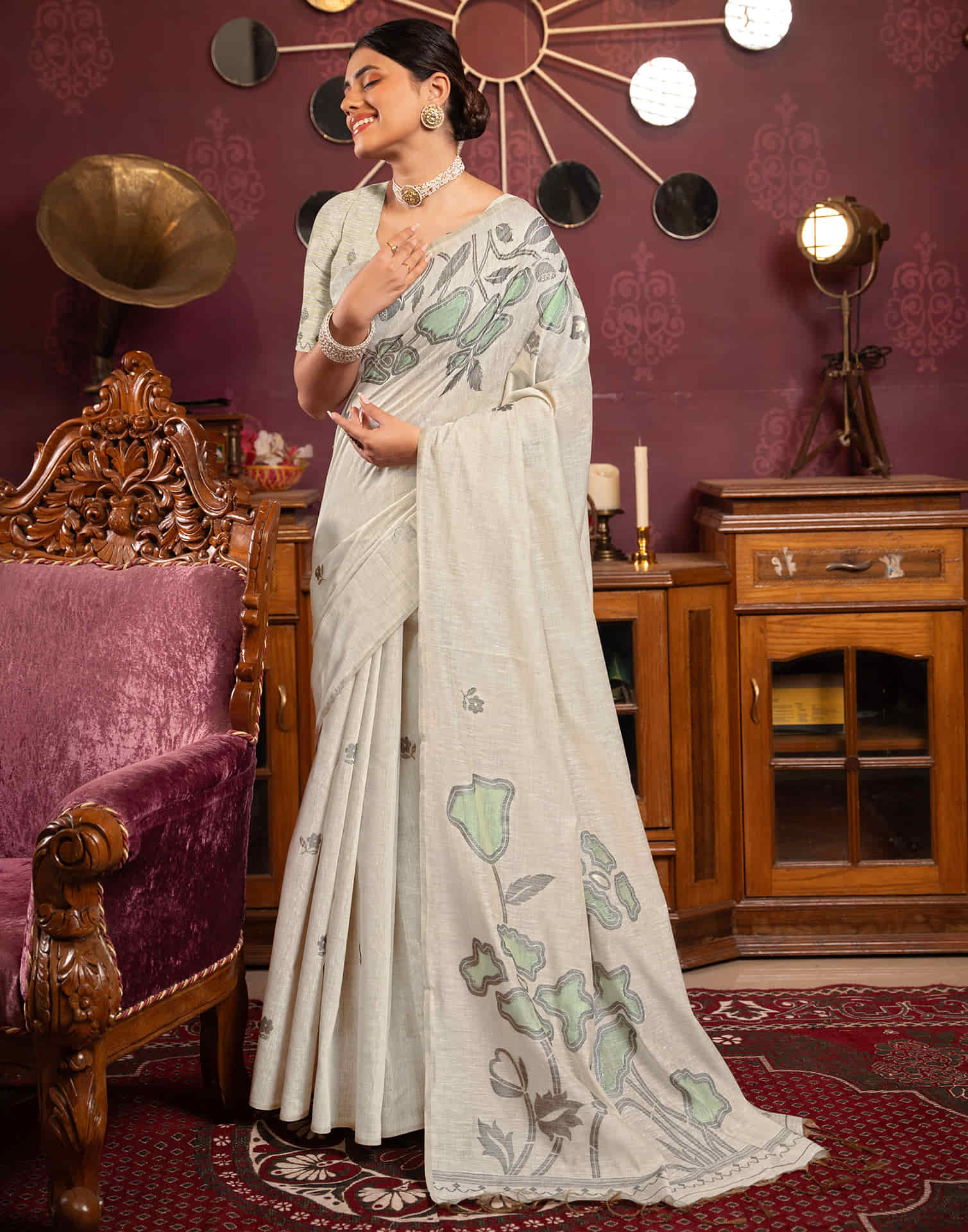 Beige Cotton Weaving Jamdani Saree