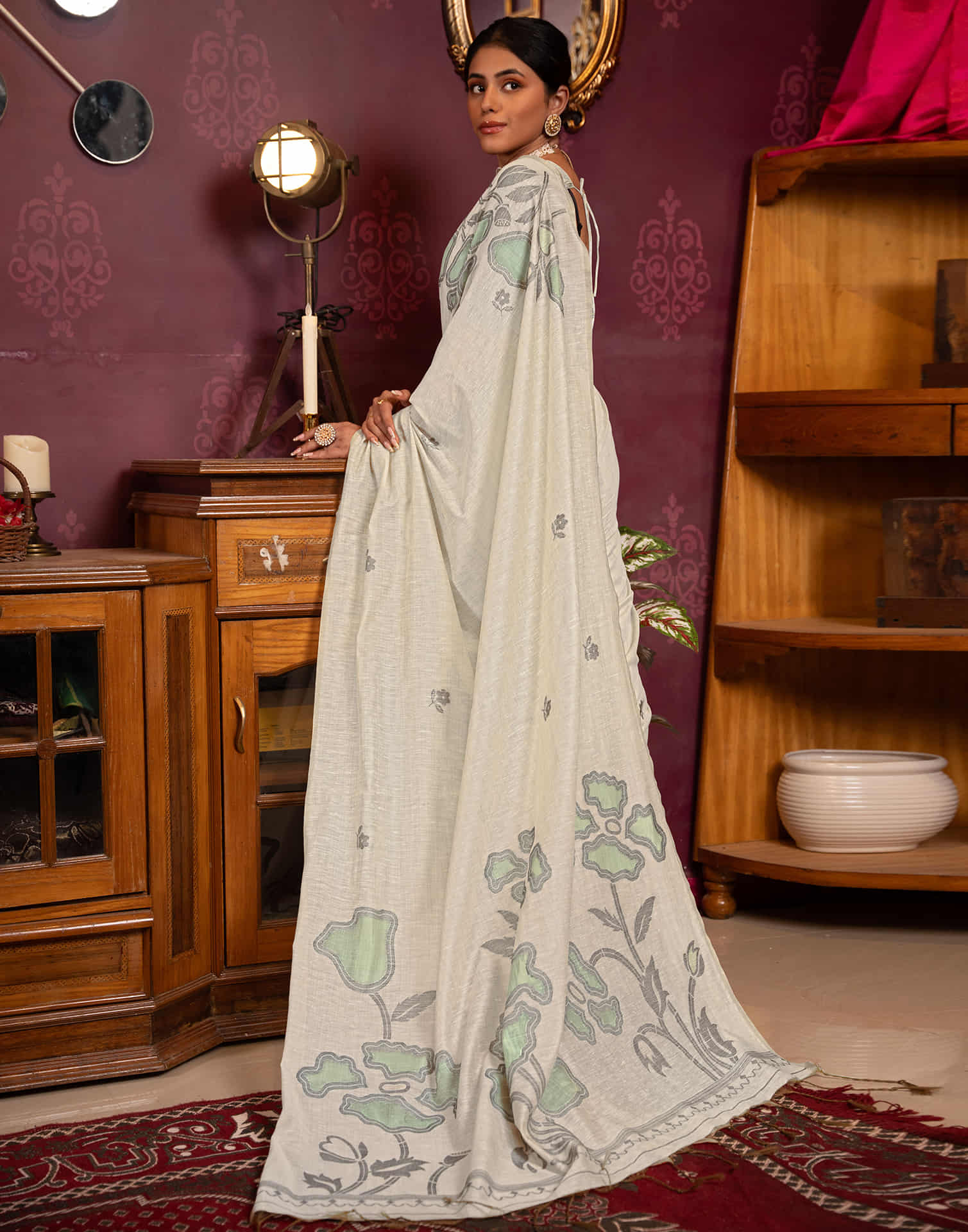 Beige Cotton Weaving Jamdani Saree