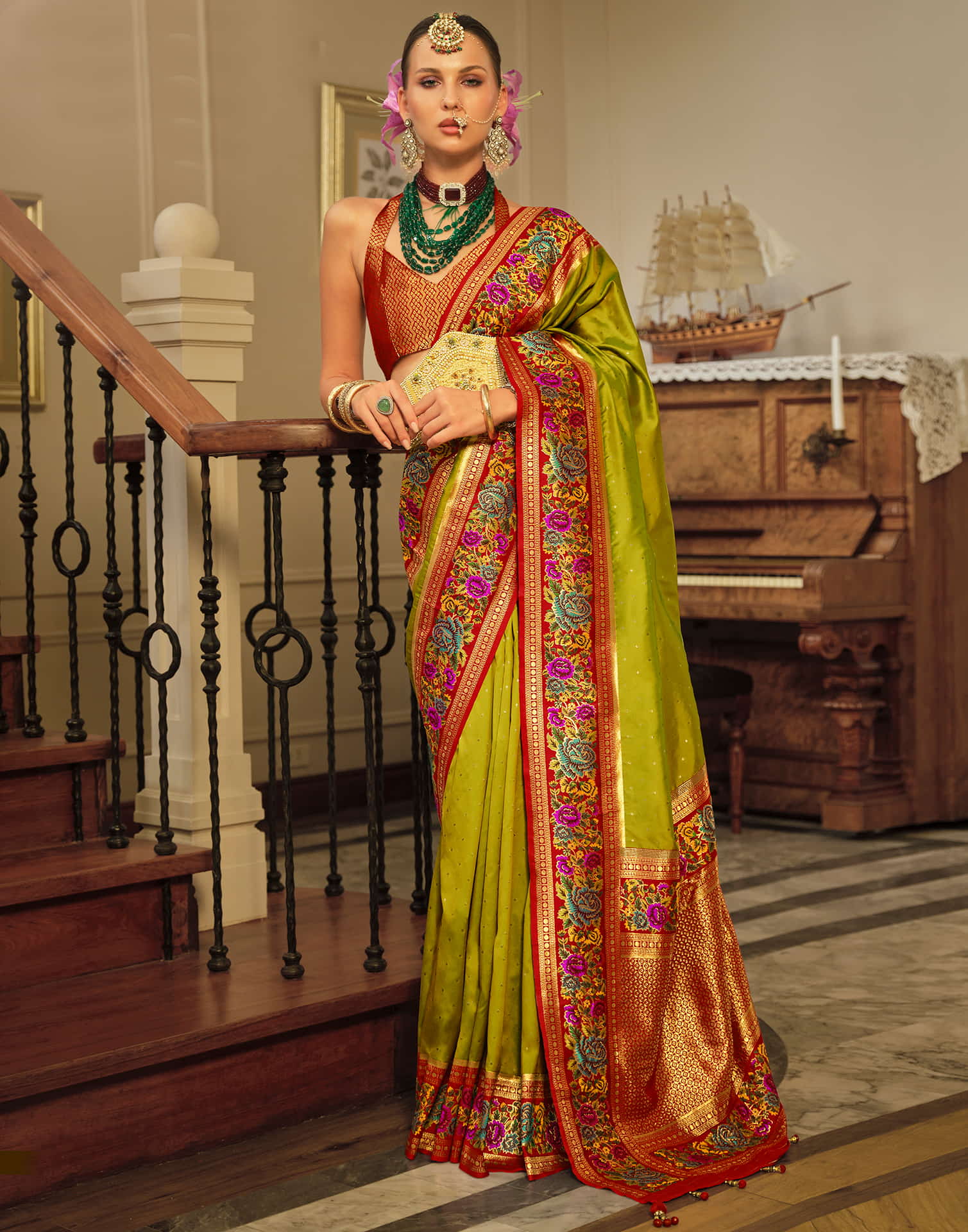 Olive Green Silk Weaving Banarasi Saree