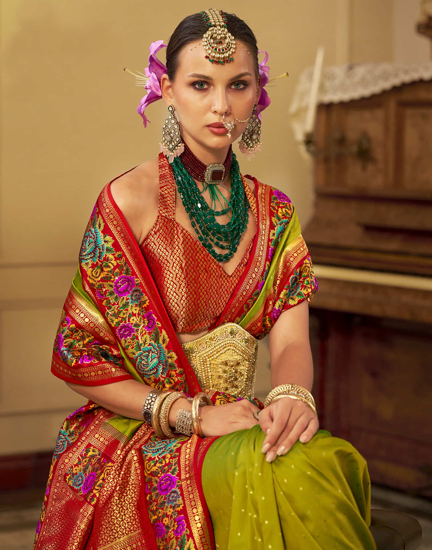 Olive Green Silk Weaving Banarasi Saree