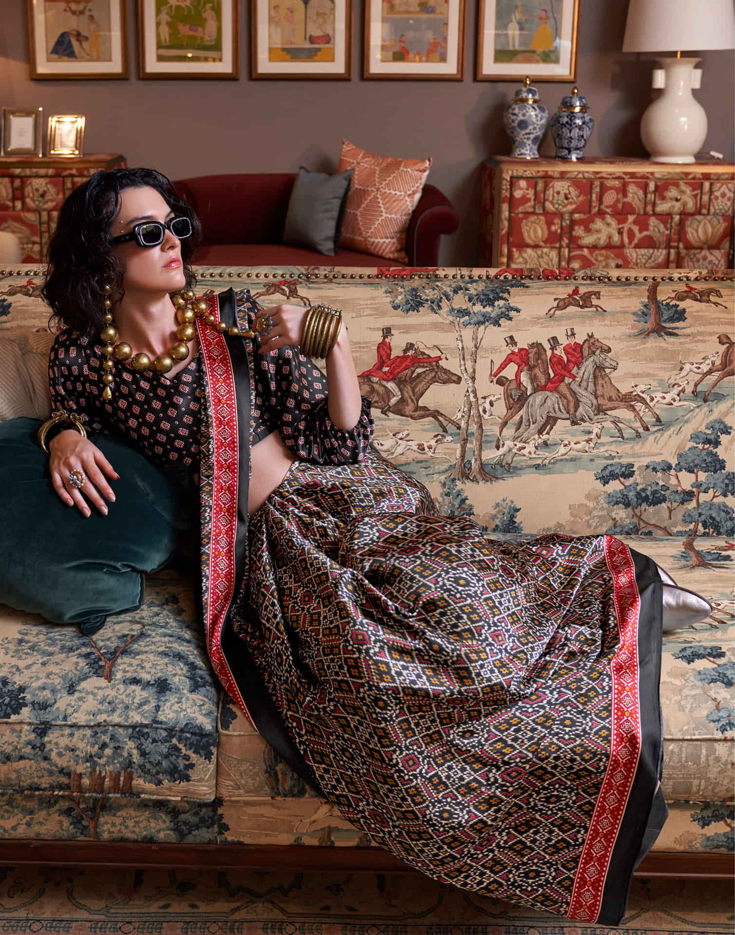 Black Satin Ikkat Printed Saree