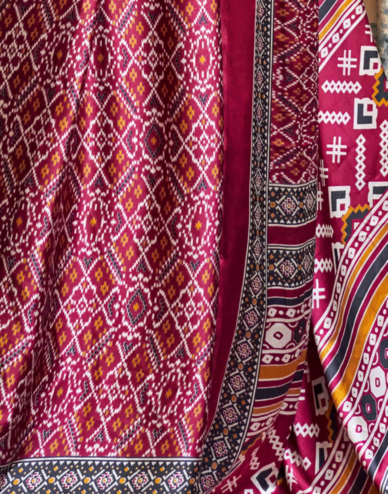 Maroon Satin Ikkat Printed Saree