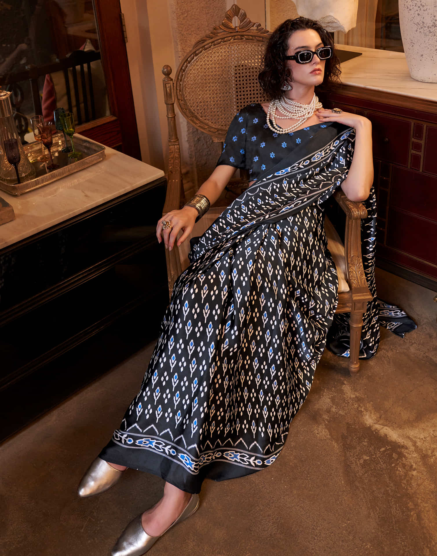 Black Satin Ikkat Printed Saree