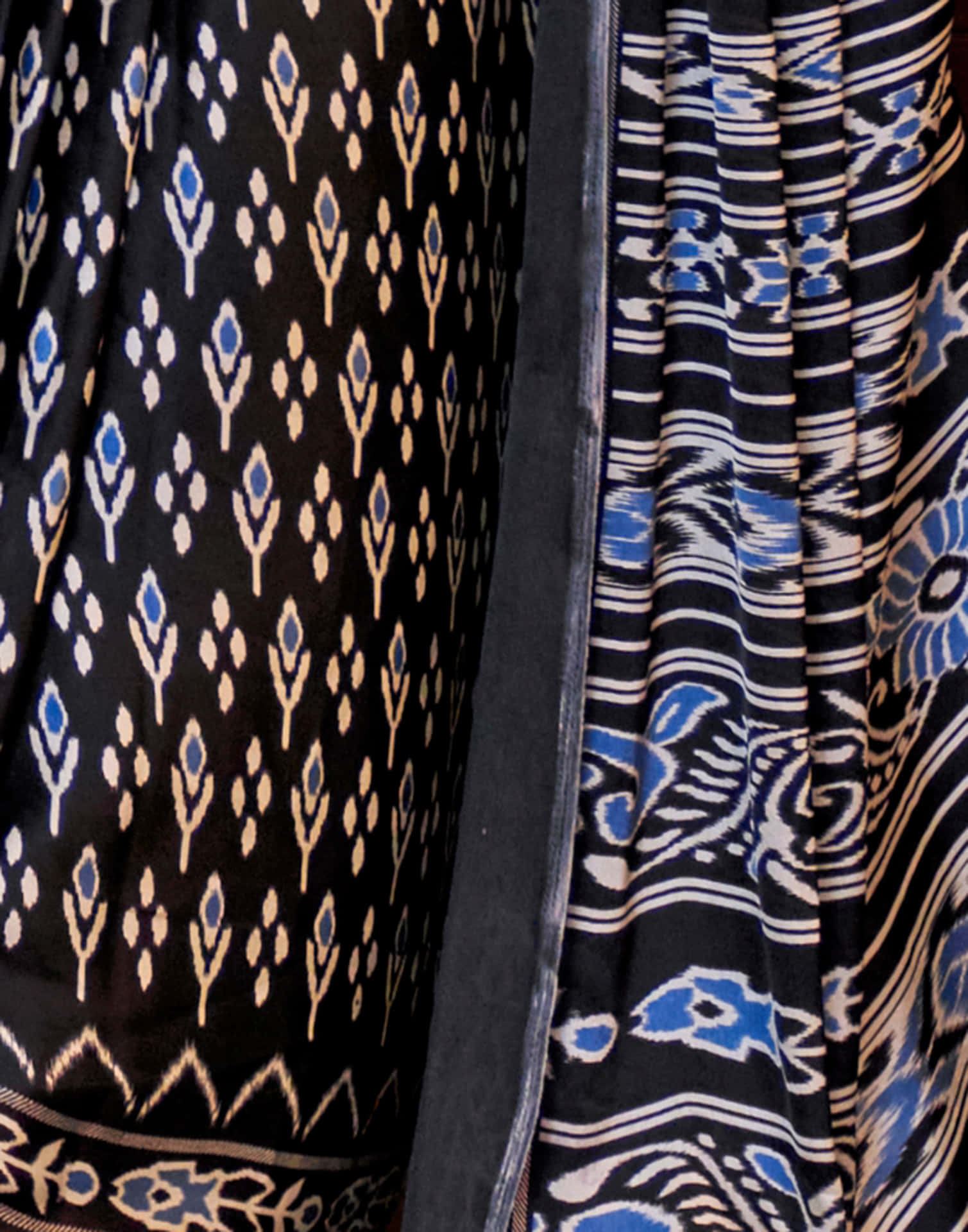 Black Satin Ikkat Printed Saree
