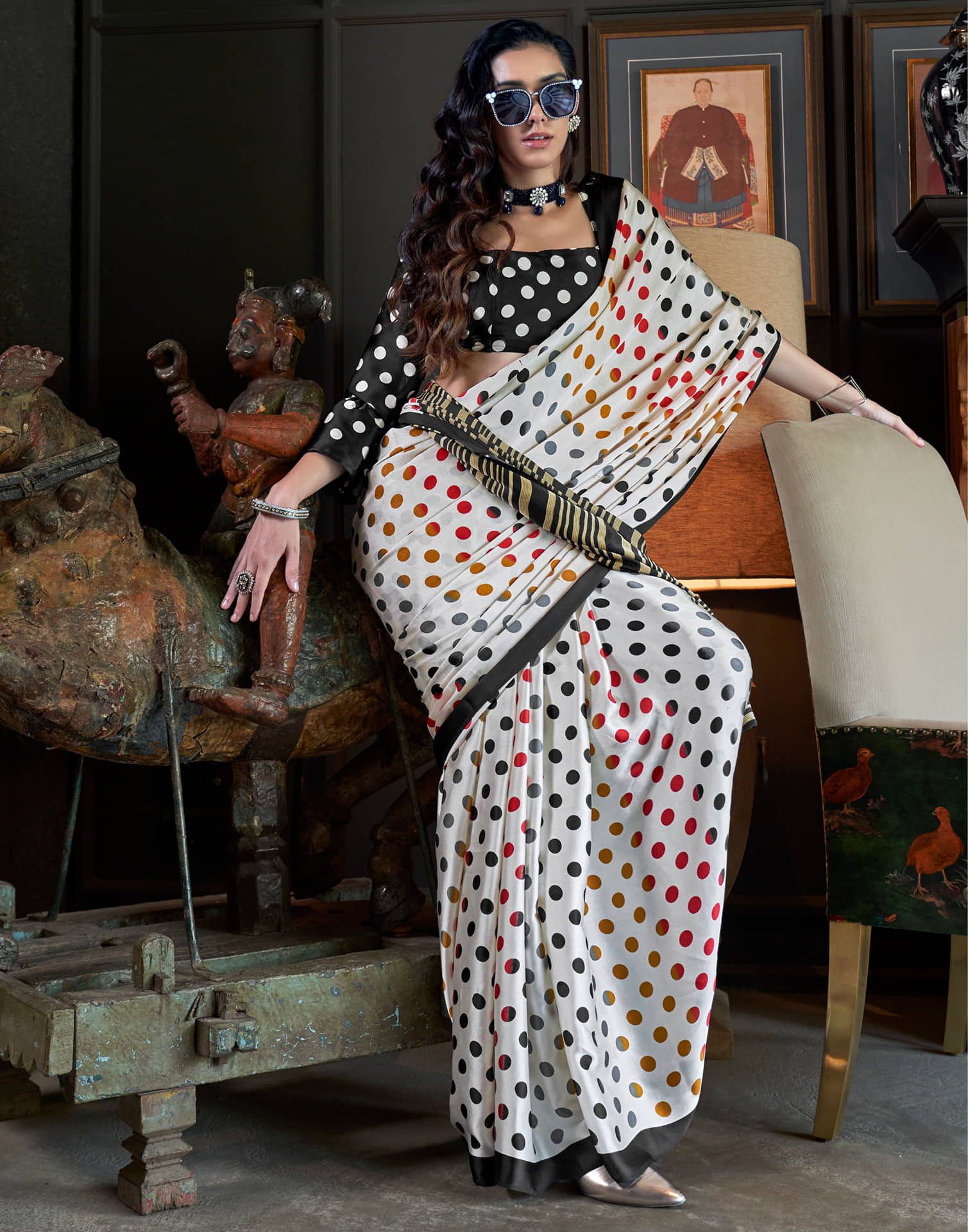 White Satin Polka Printed Saree