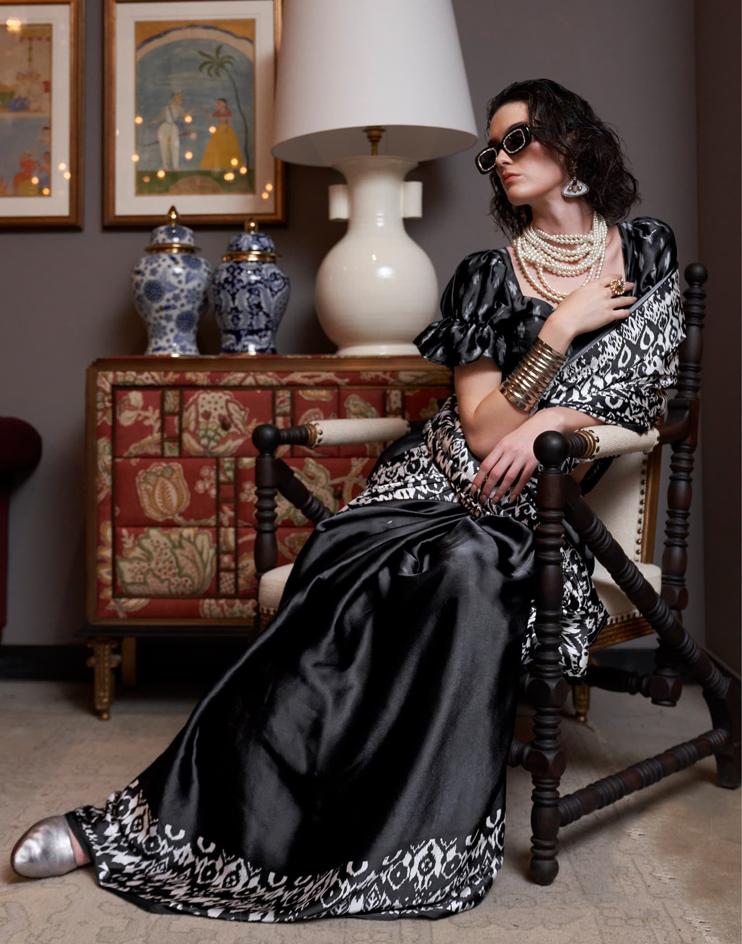 White Satin Ikkat Printed Saree