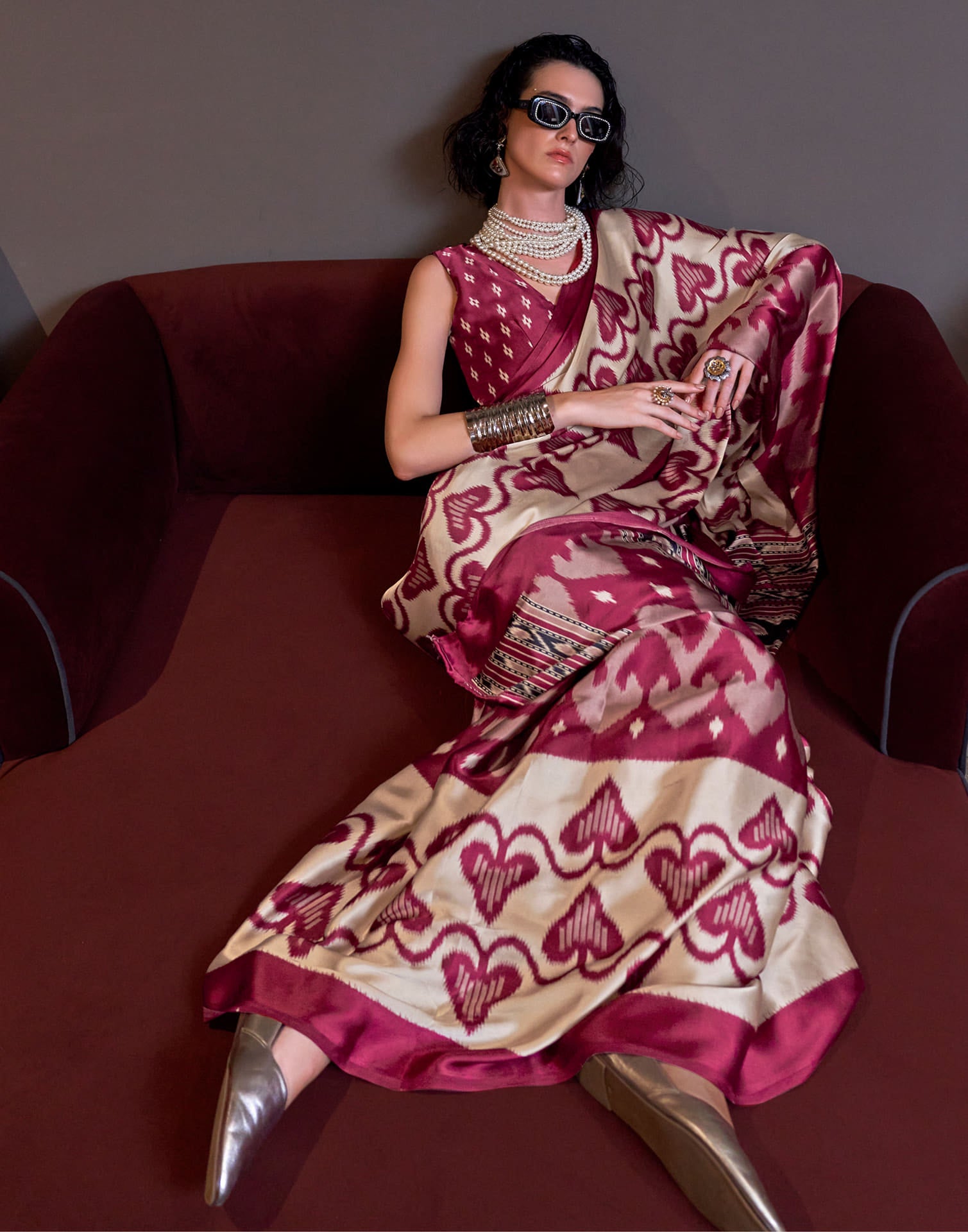 Maroon Satin Ikkat Printed Saree